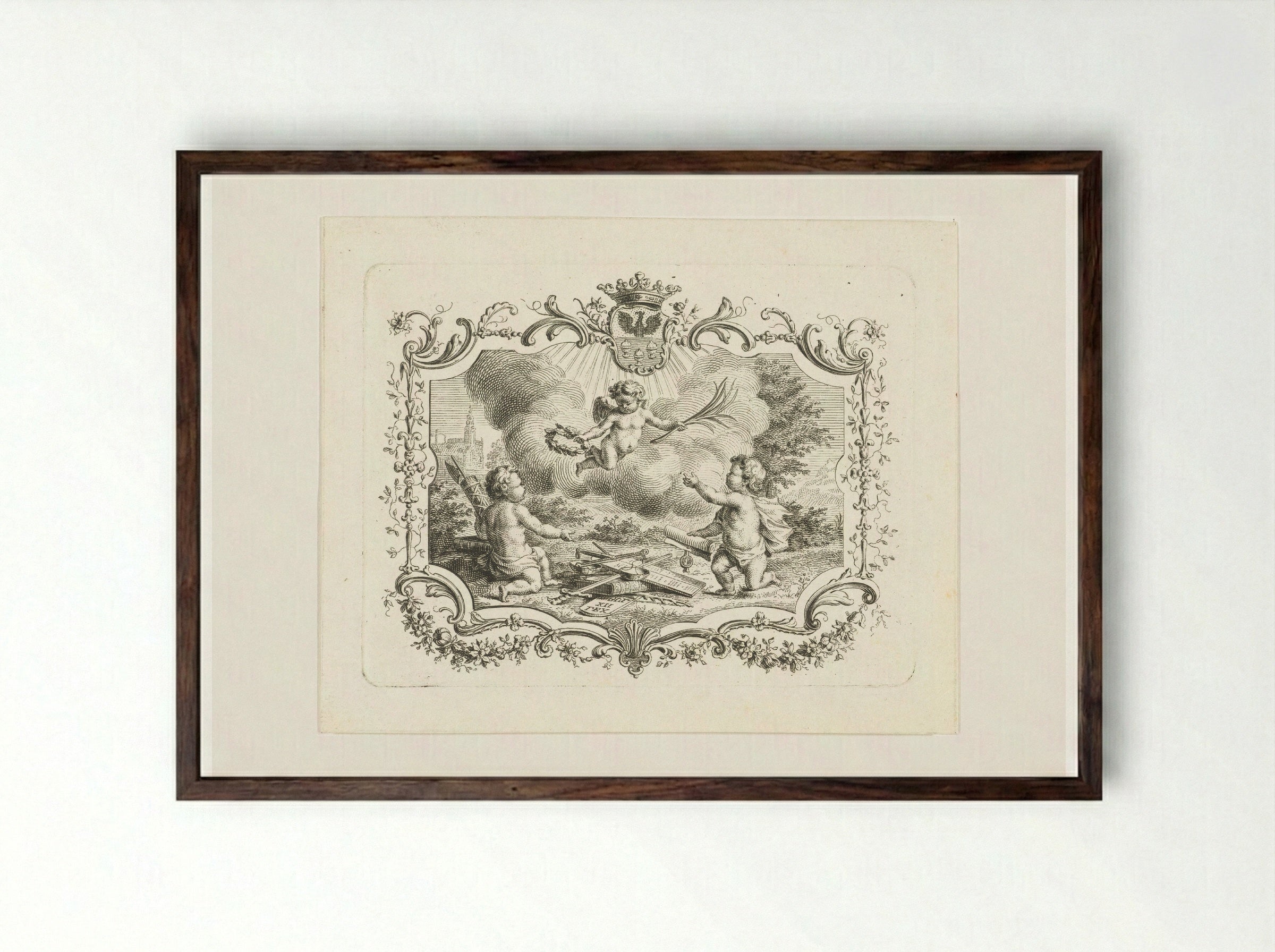 Allegorie op vrede met drie putti in cartouche - Abraham Delfos - Framed Print Dark Wood