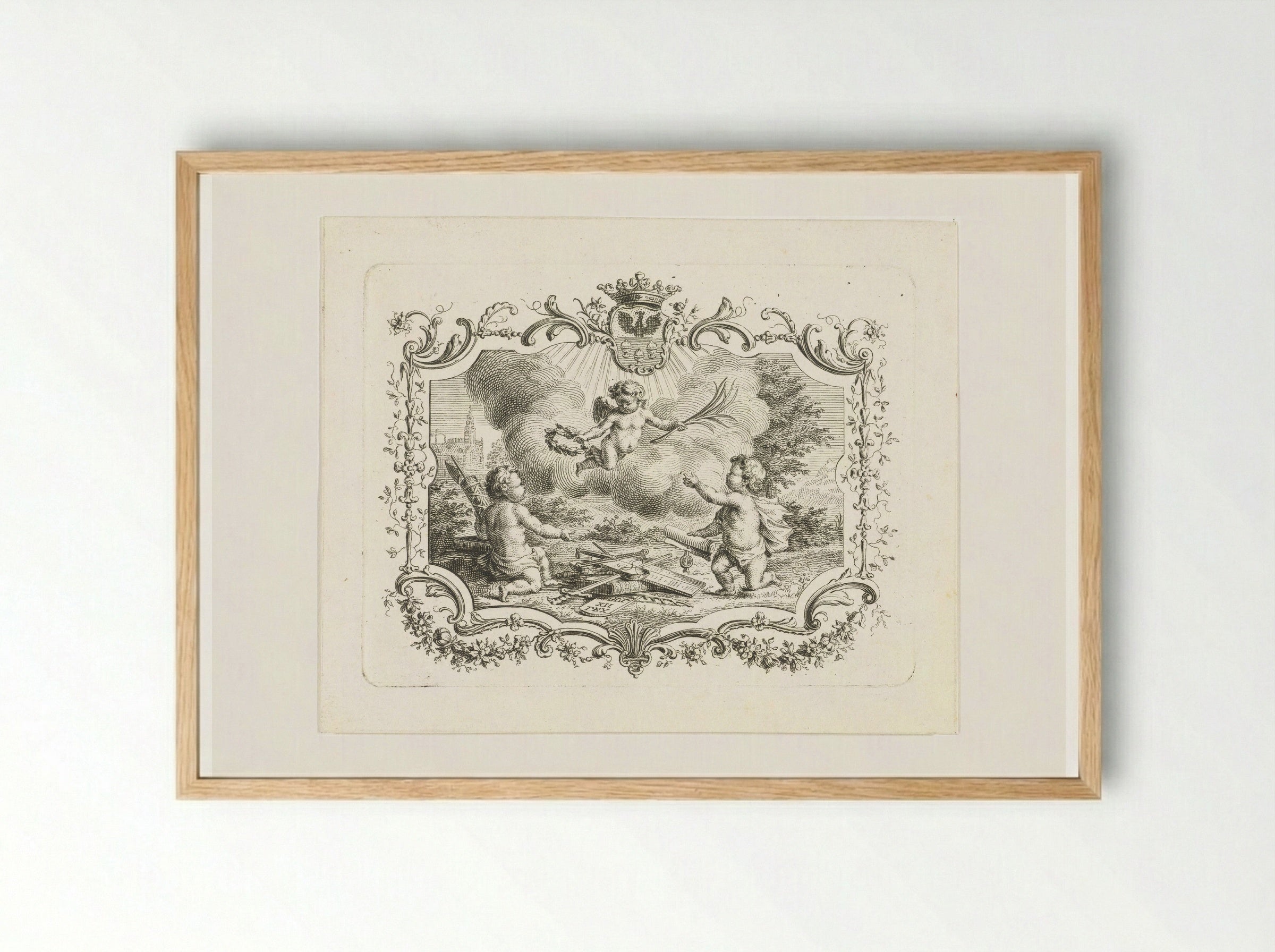 Allegorie op vrede met drie putti in cartouche - Abraham Delfos - Framed Print Wood