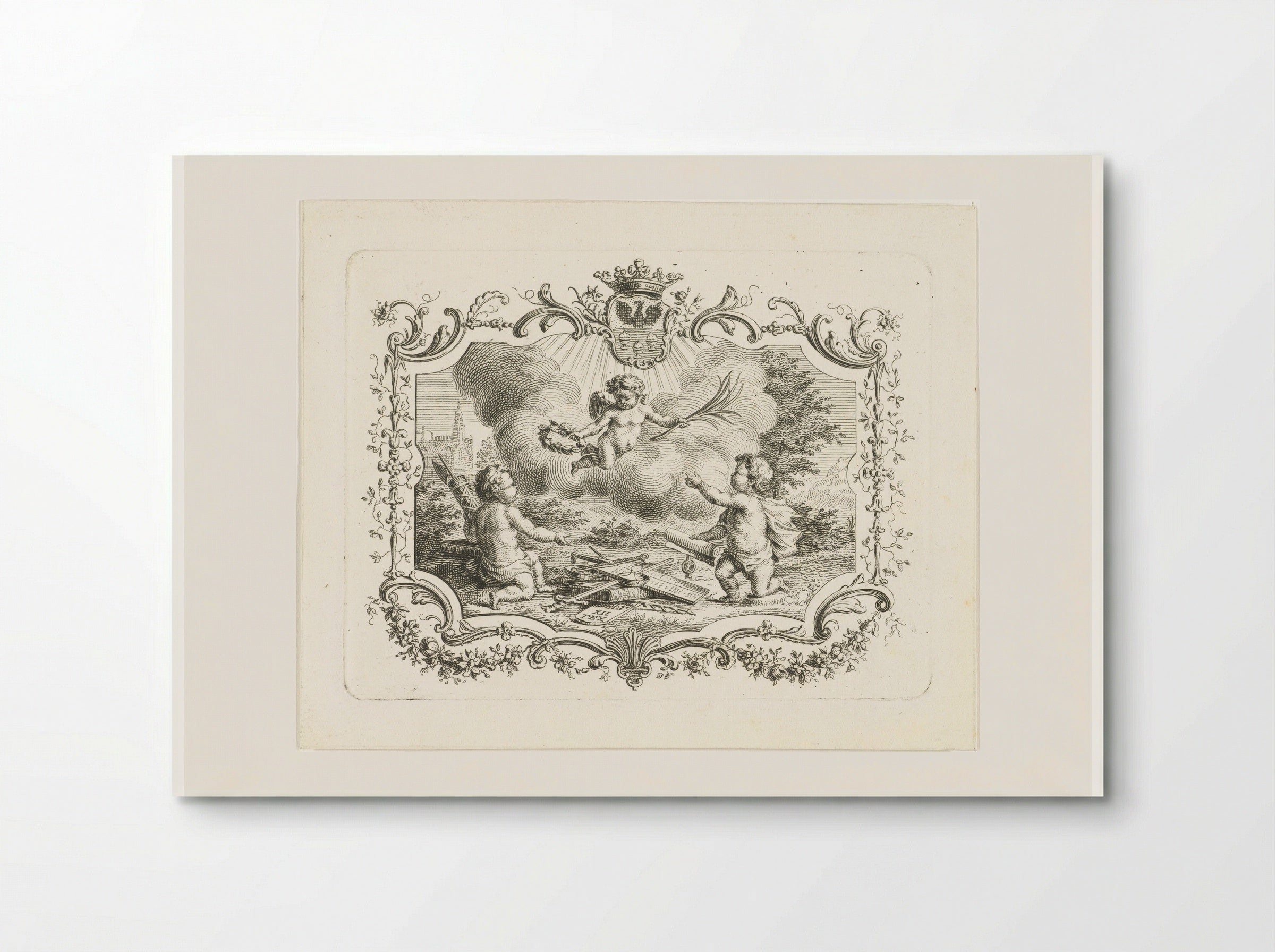 Allegorie op vrede met drie putti in cartouche - Abraham Delfos - Poster