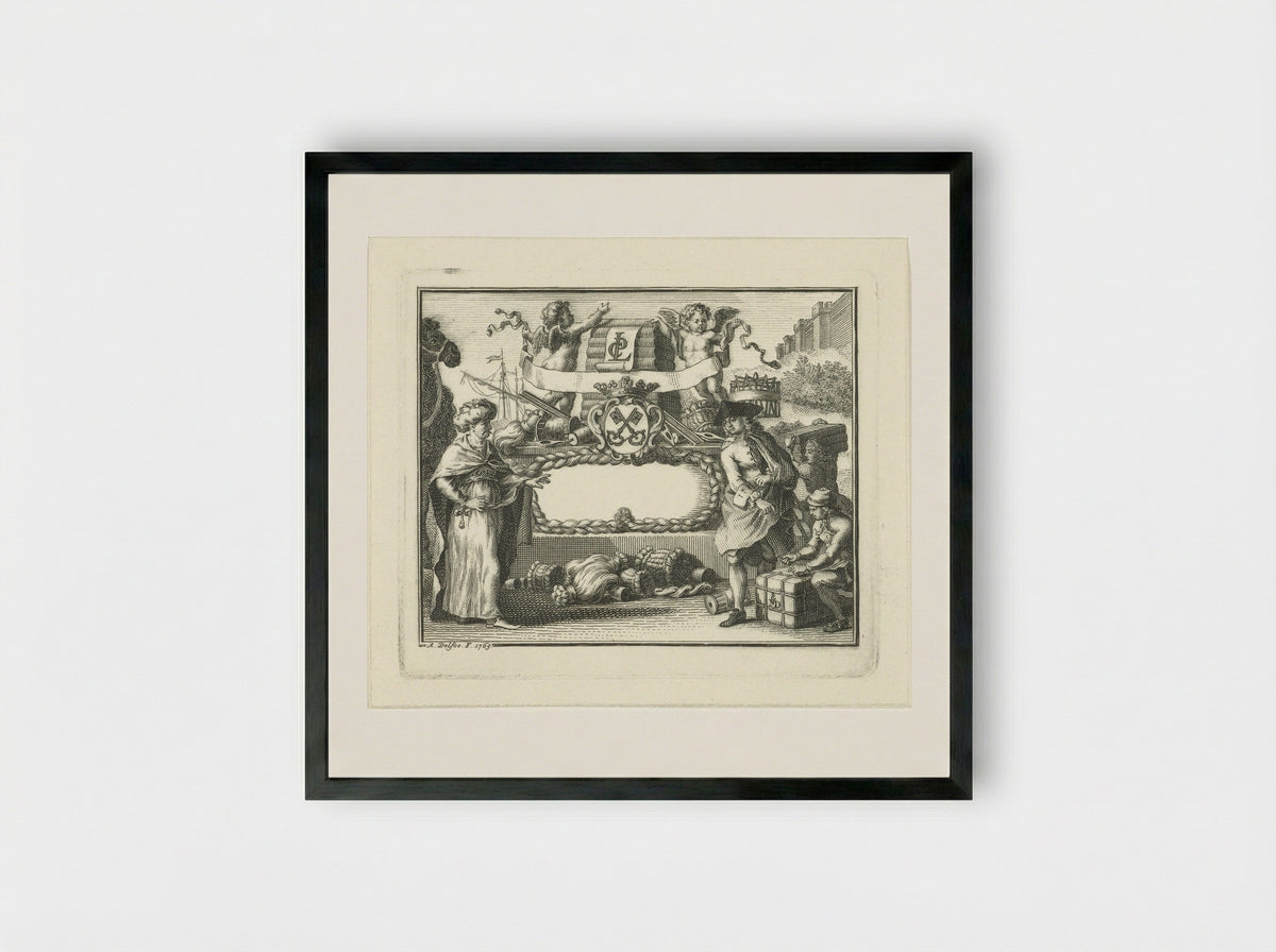 Allegorie op wolhandel in Leiden - Abraham Delfos - Framed Print Black