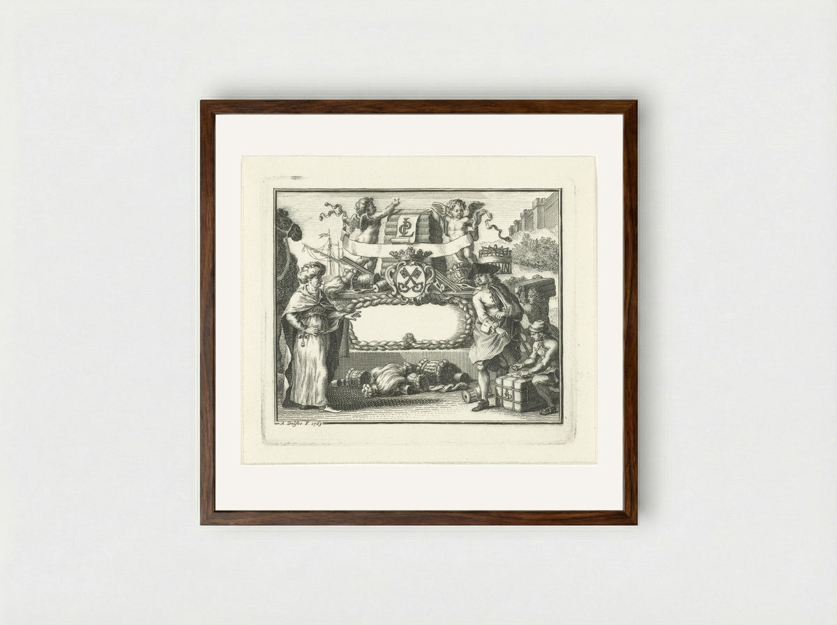 Allegorie op wolhandel in Leiden - Abraham Delfos - Framed Print Dark Wood