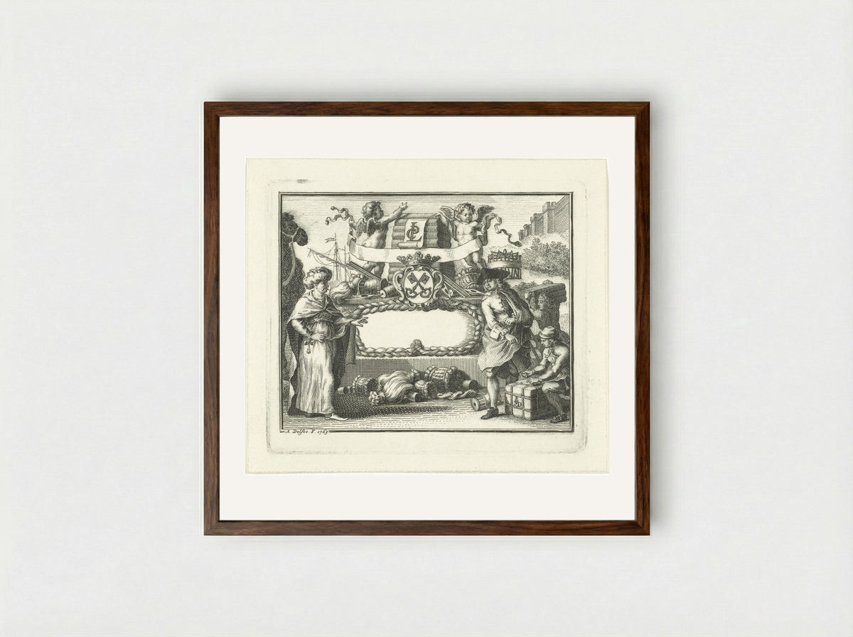 Allegorie op wolhandel in Leiden - Abraham Delfos - Framed Print Dark Wood