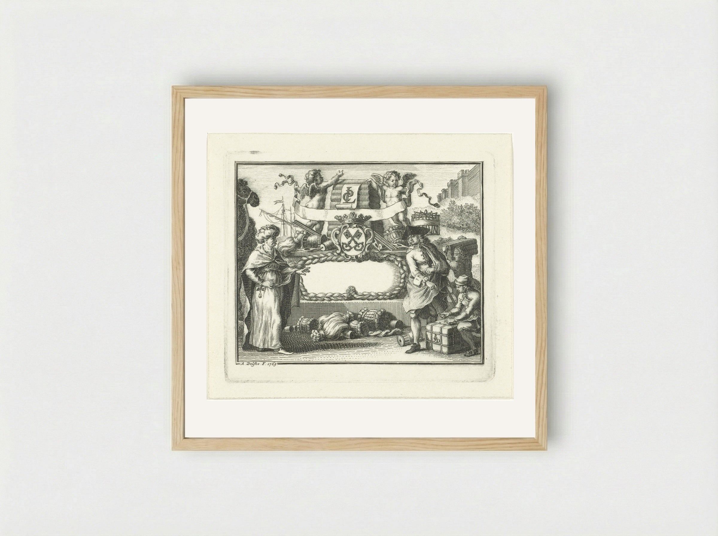 Allegorie op wolhandel in Leiden - Abraham Delfos - Framed Print Wood