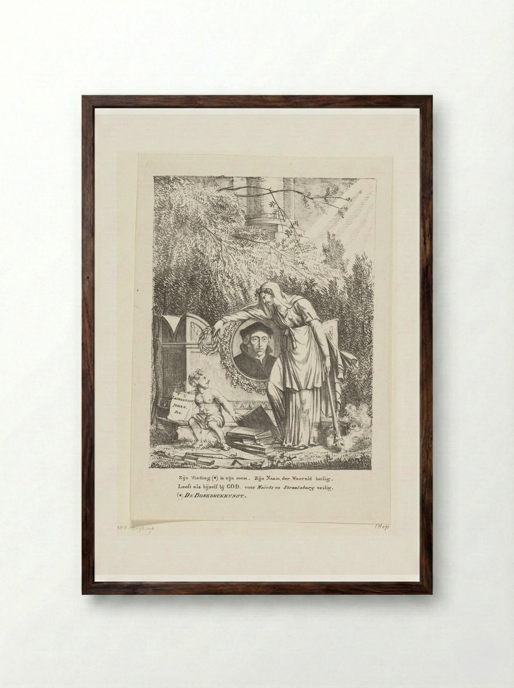 Allegorisch grafmonument voor Laurens Jansz. Coster - Pieter Bartholomeusz. Barbiers - Framed Print Dark Wood