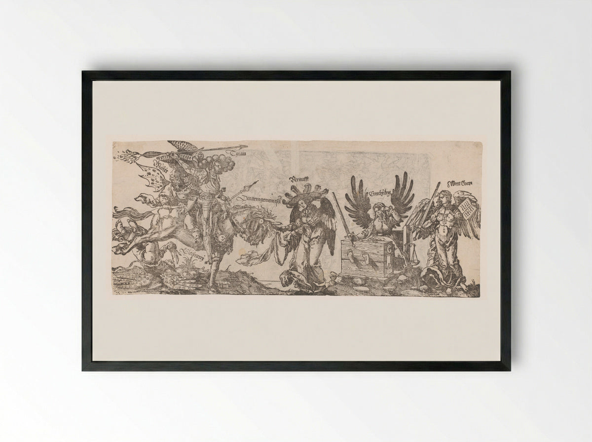 Allegory of the Struggle between Tyranny, Usury, and Hypocrisy against Reason, Justice, and the Word of God - Peter Flötner - Framed Print Black
