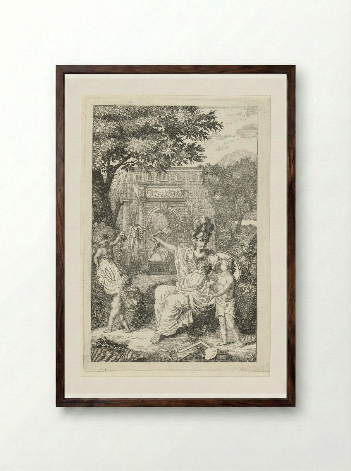 Allegory with Minerva as Patroness of the Arts - Abraham Delfos - Framed Print Dark Wood
