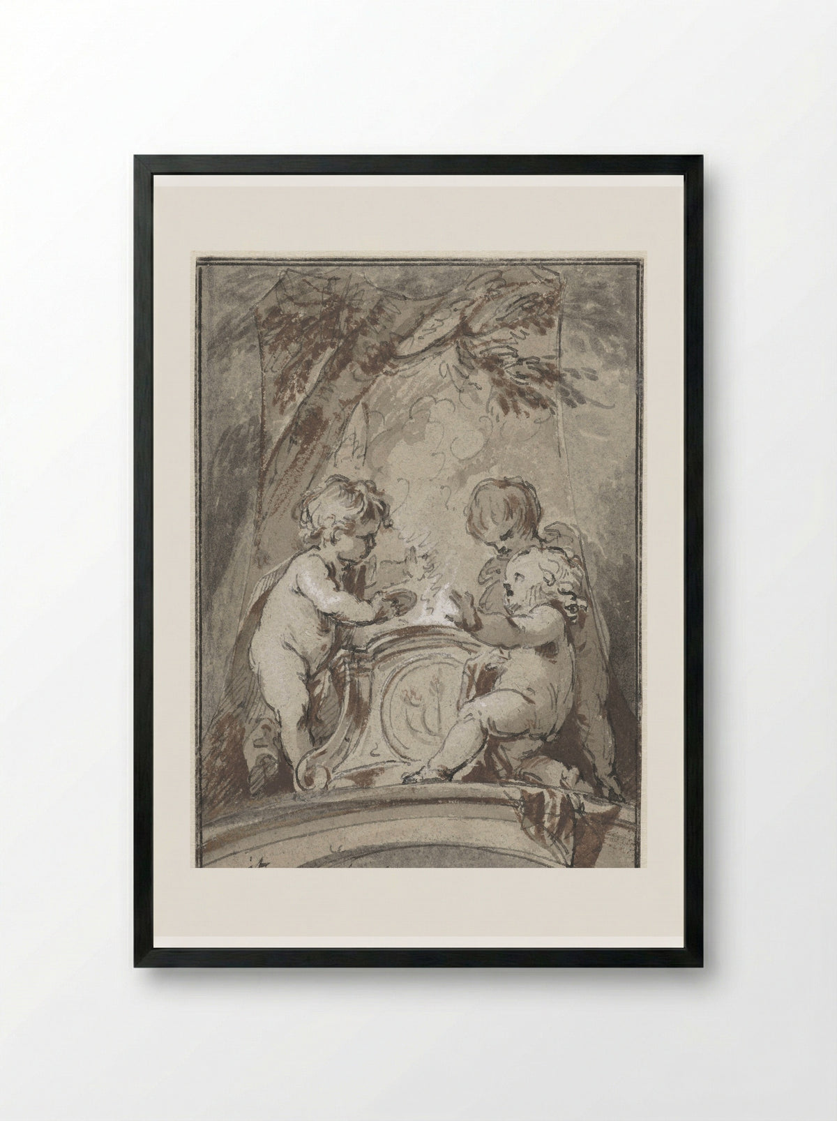 Allegory with Three Putti at an Altar - Jacob de Wit - Framed Print Black