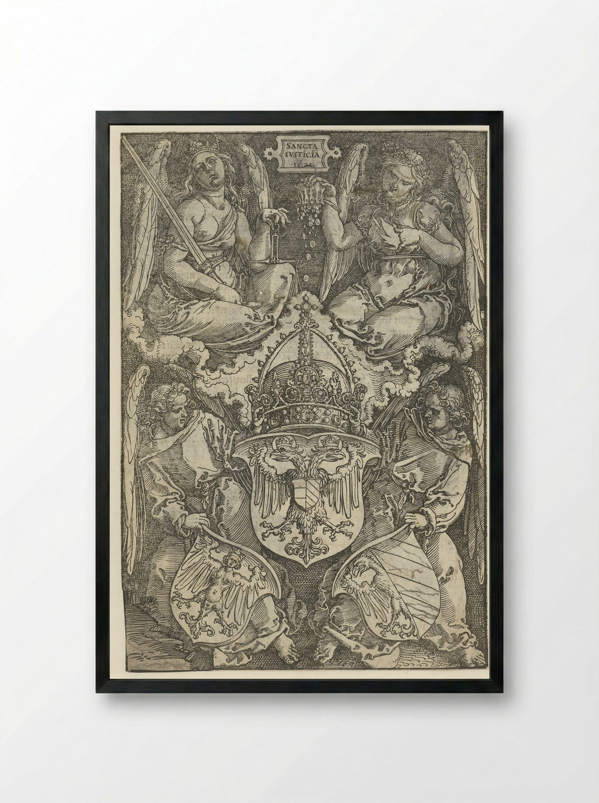 Allegory with the Imperial Coat of Arms - Albrecht Dürer - Framed Print Black