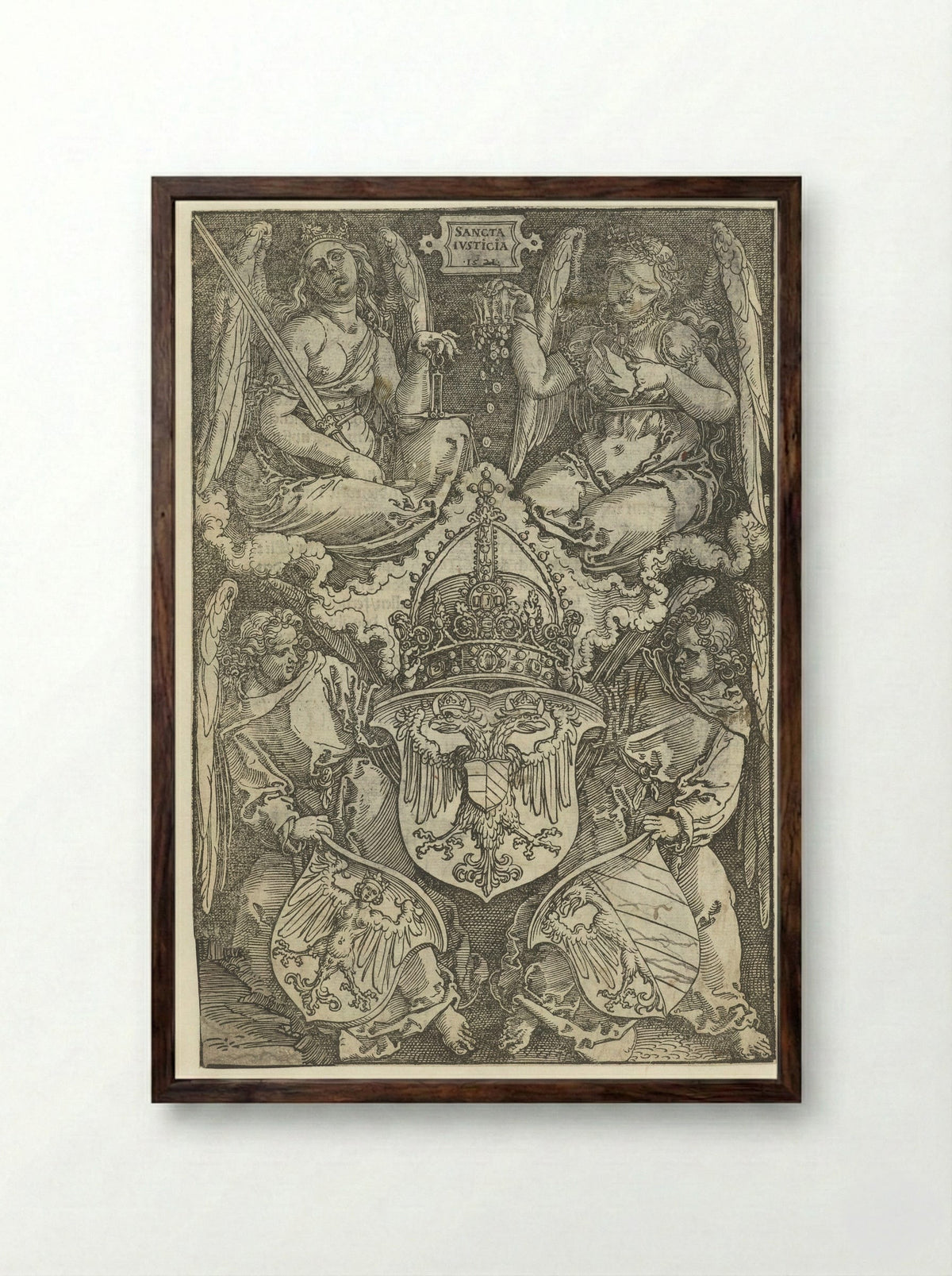 Allegory with the Imperial Coat of Arms - Albrecht Dürer - Framed Print Dark Wood