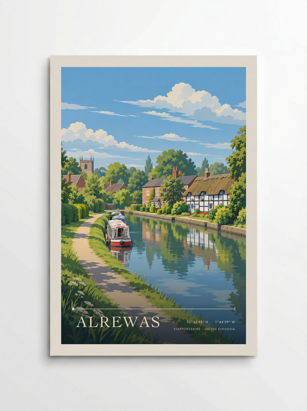 Alrewas, Staffordshire travel poster: a red and white narrowboat, a thatched timbered cottage and a pale church tower beyond the towpath trees
