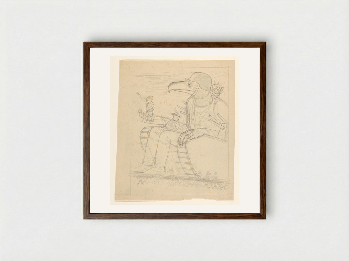 Als soldaat verklede adelaar zit op een tank - Henk Henriët - Framed Print Dark Wood