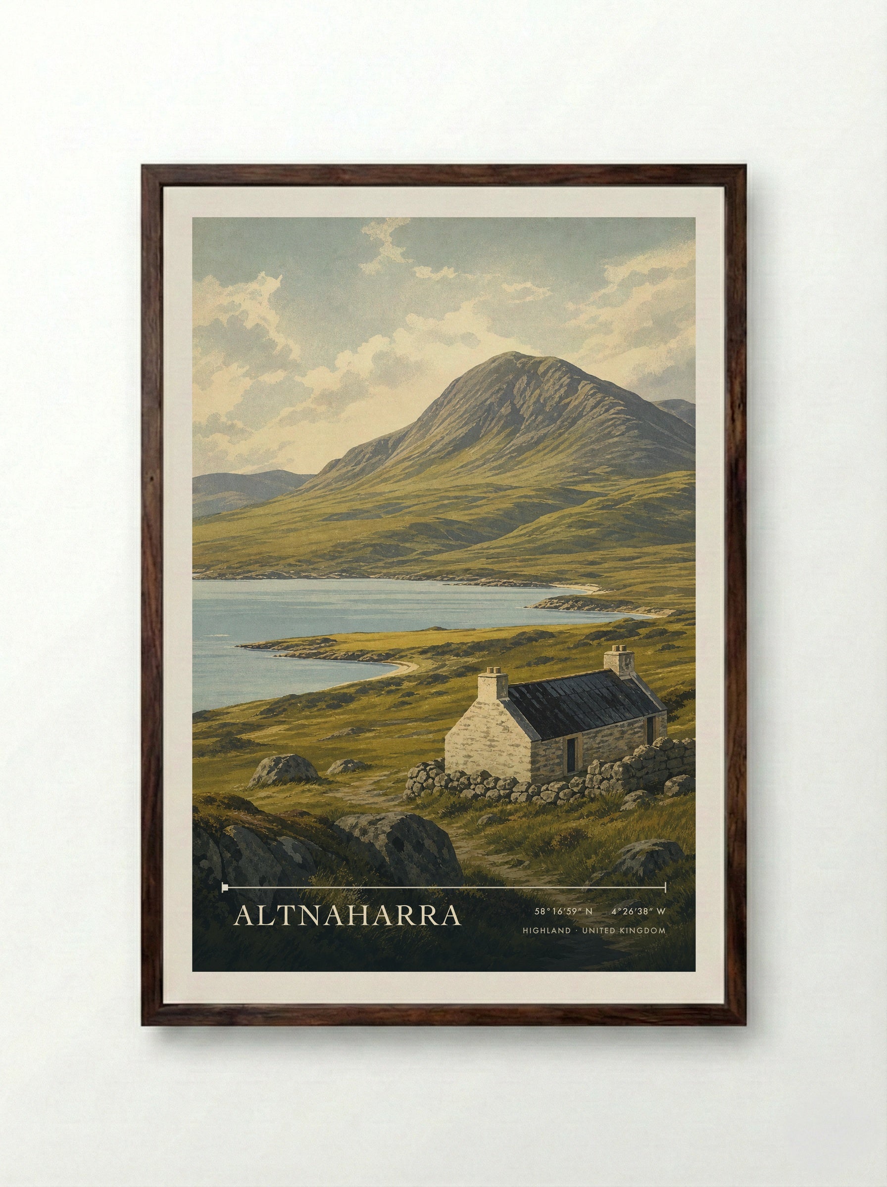 Altnaharra Highland United Kingdom Travel Poster - Framed Print Dark Wood