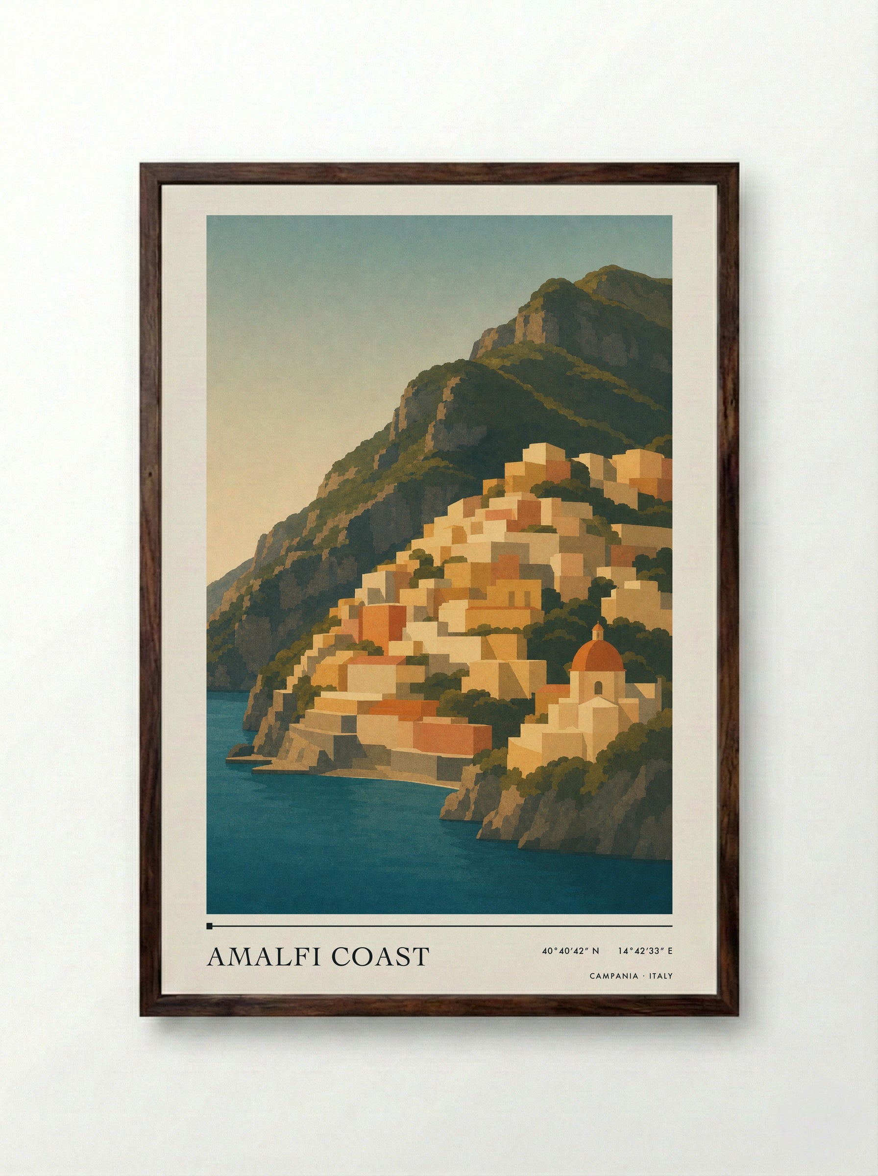 Amalfi Coast Travel Poster Artwork - Framed Print Dark Wood