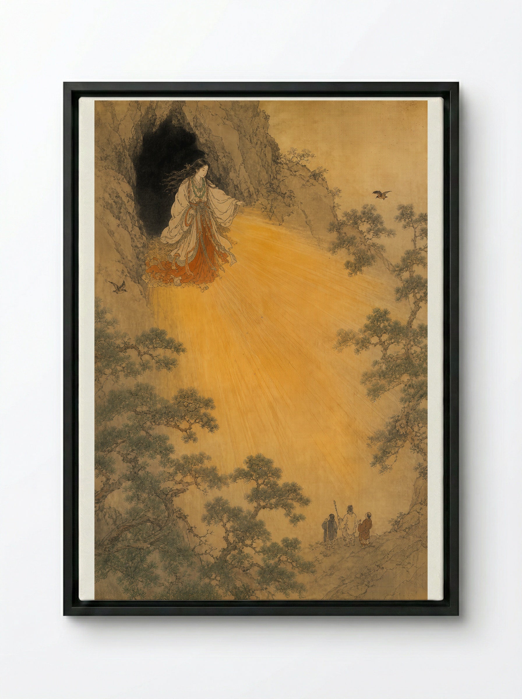 Amaterasu and the Rock-Cave: Light Returns to the World - Framed Canvas Black