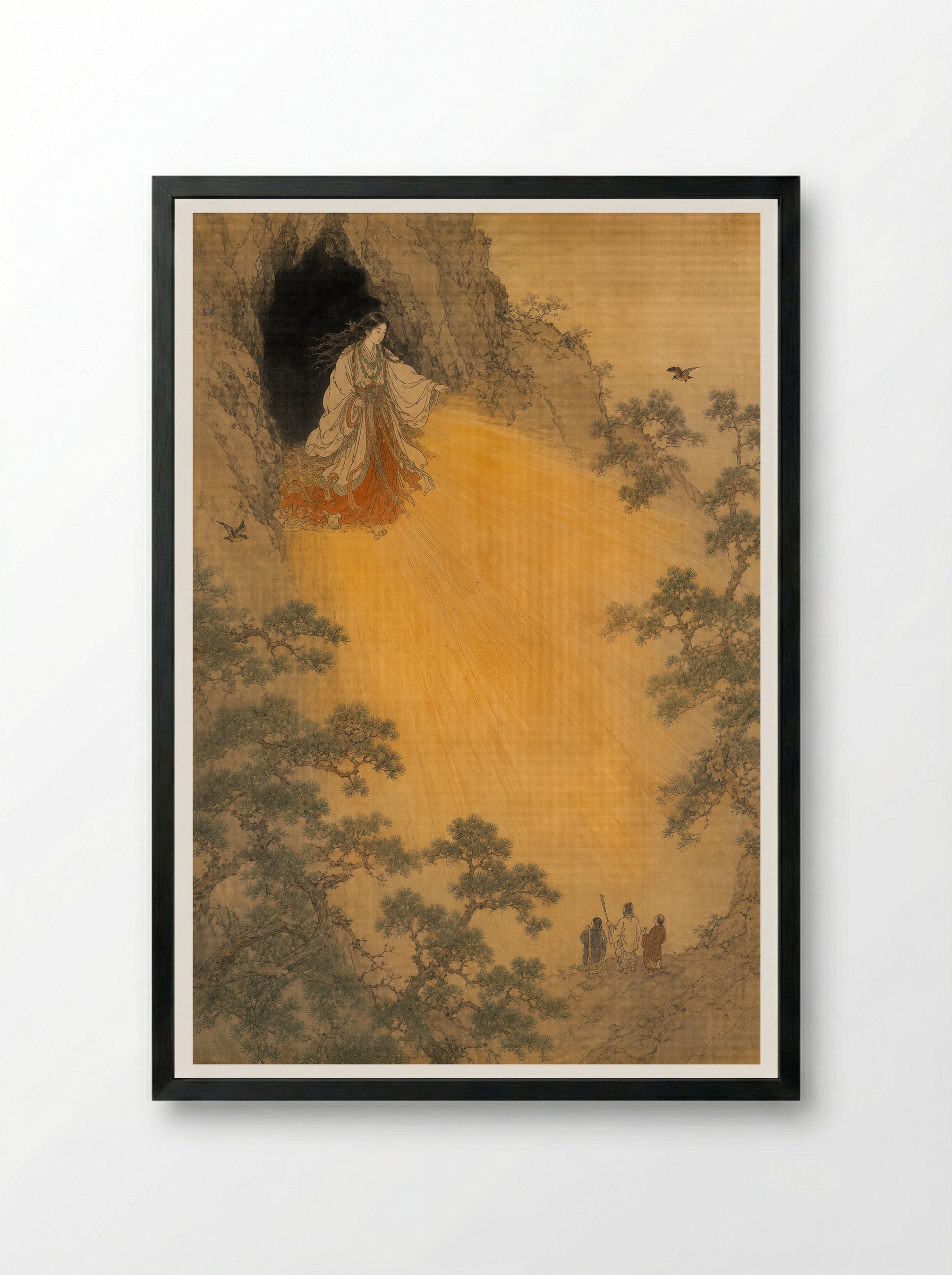Amaterasu and the Rock-Cave: Light Returns to the World - Framed Print Black