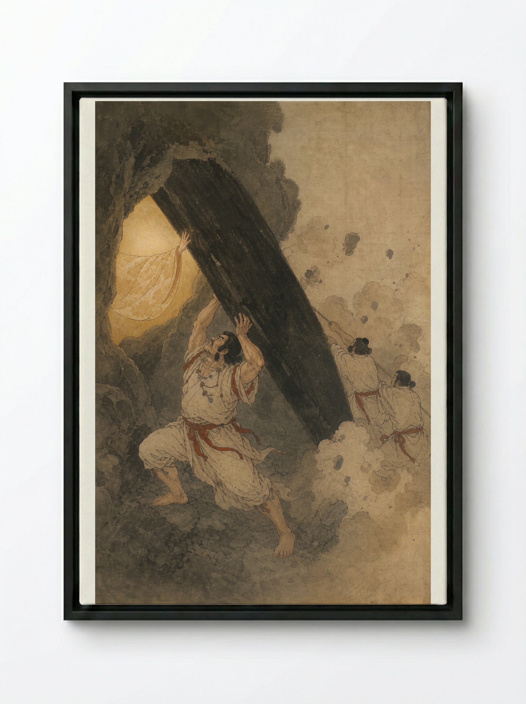 Amaterasu and the Rock-Cave: The Cave Is Held Open - Framed Canvas Black