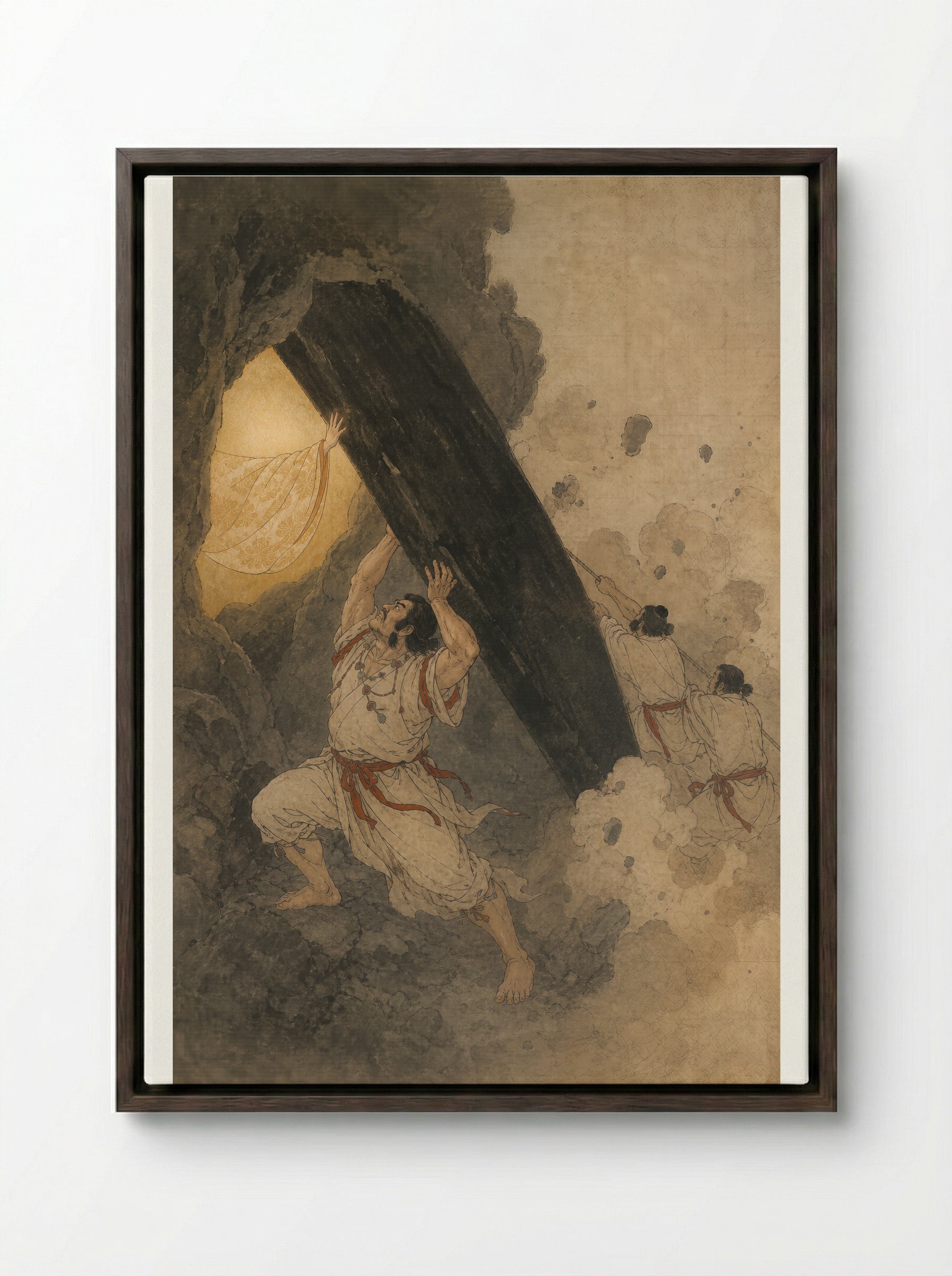 Amaterasu and the Rock-Cave: The Cave Is Held Open - Framed Canvas Dark Wood