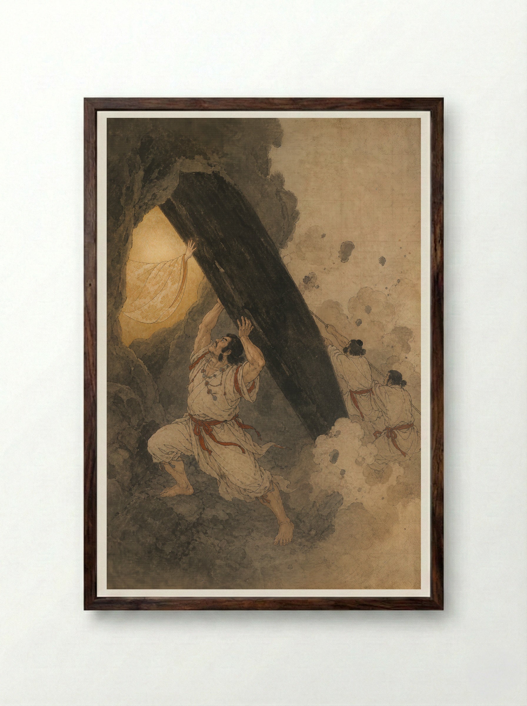 Amaterasu and the Rock-Cave: The Cave Is Held Open - Framed Print Dark Wood