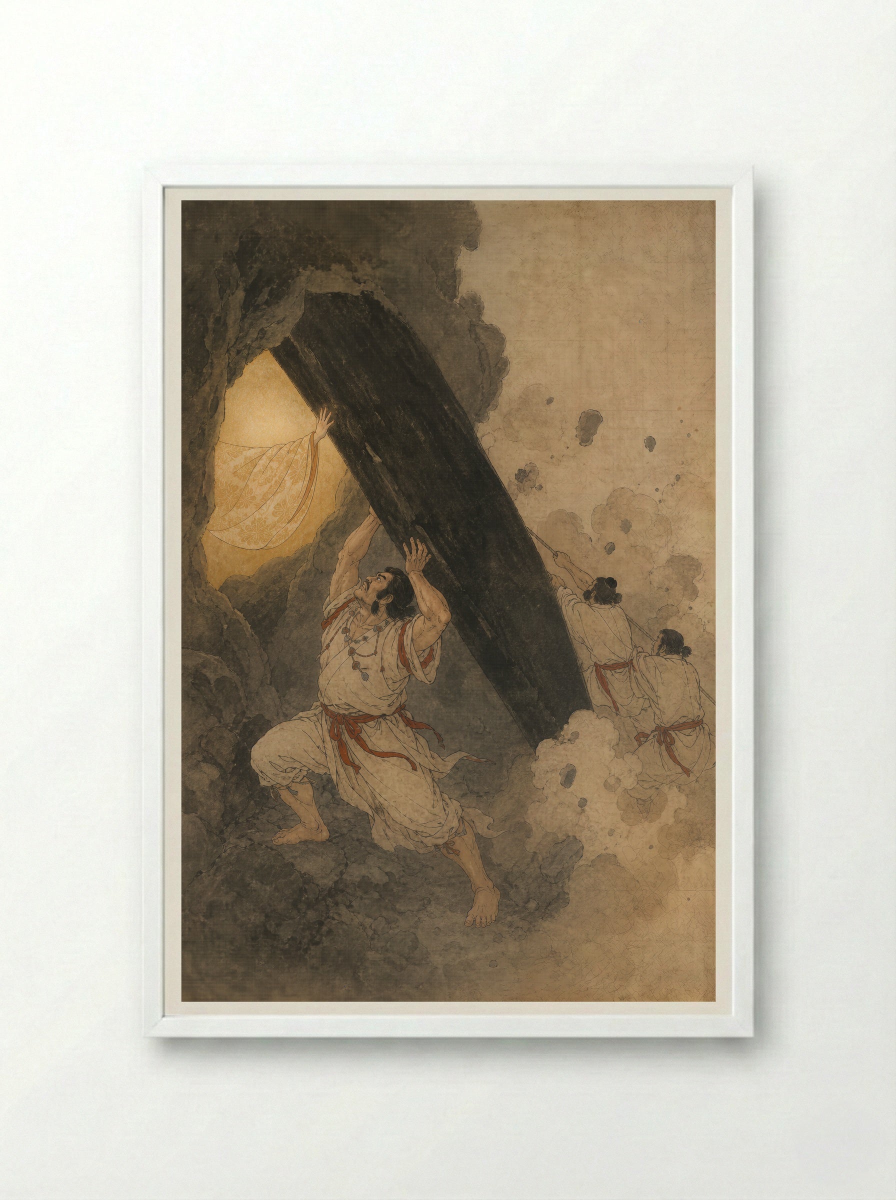 Amaterasu and the Rock-Cave: The Cave Is Held Open - Framed Print White