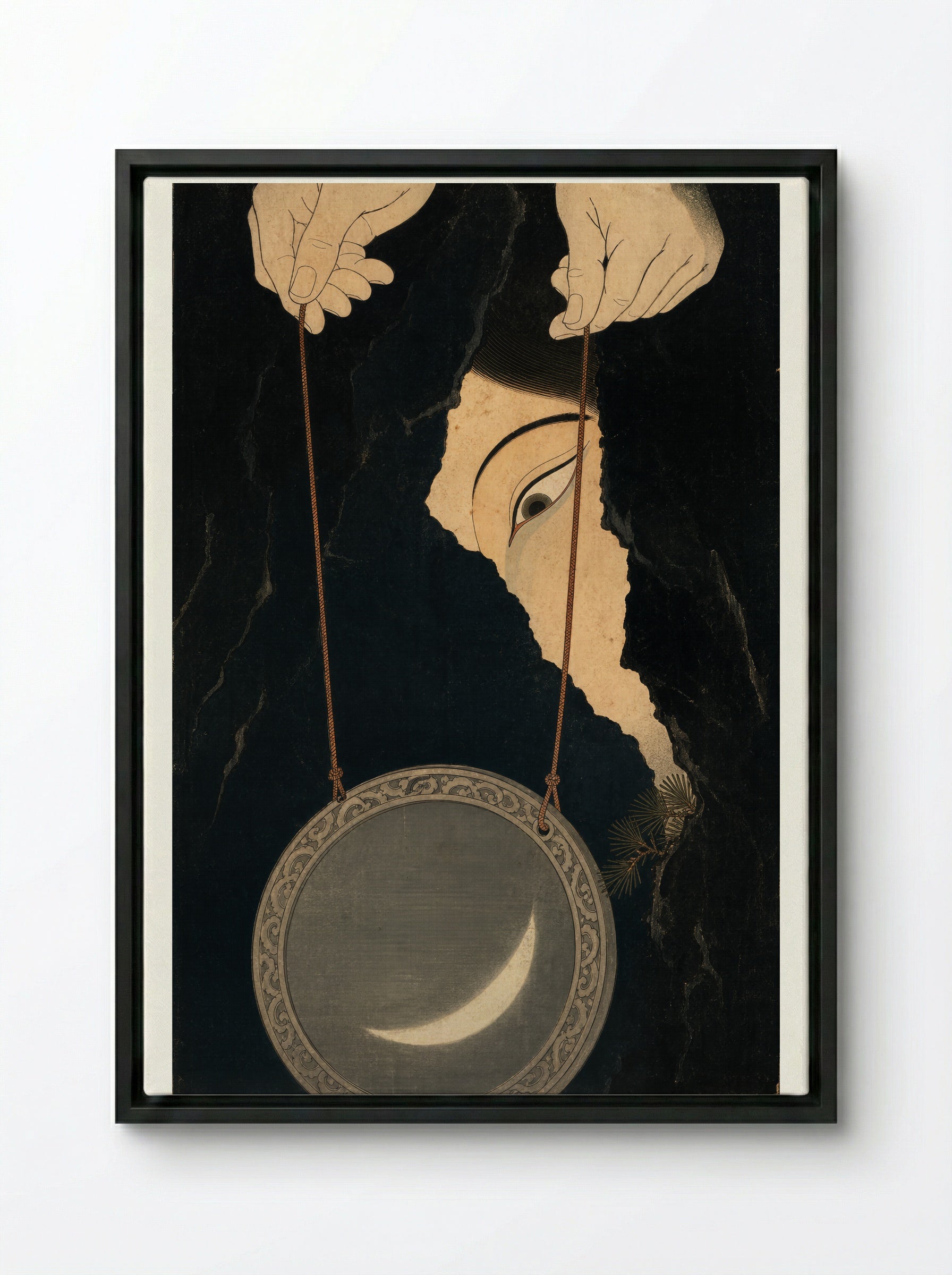 Amaterasu and the Rock-Cave: The Mirror at the Cave - Framed Canvas Black