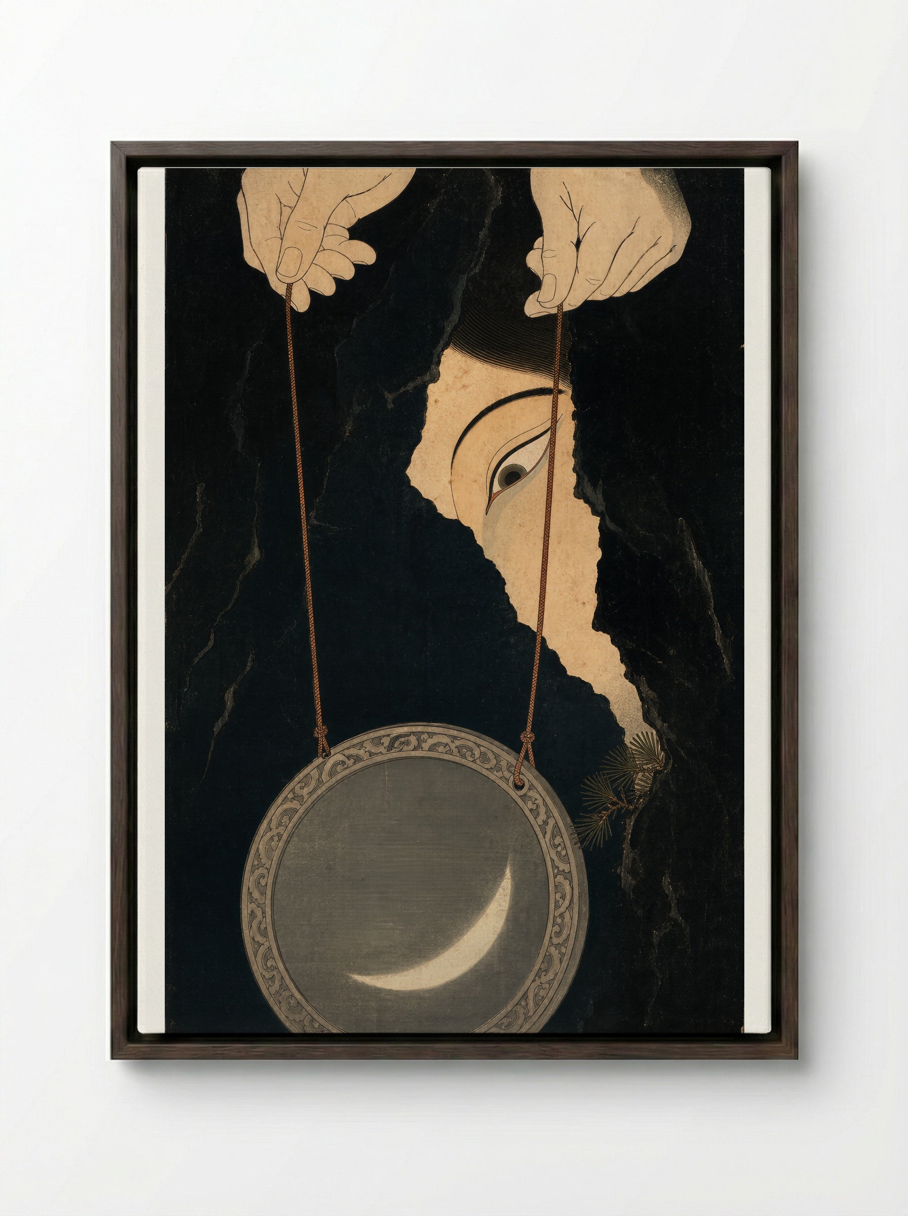 Amaterasu and the Rock-Cave: The Mirror at the Cave - Framed Canvas Dark Wood