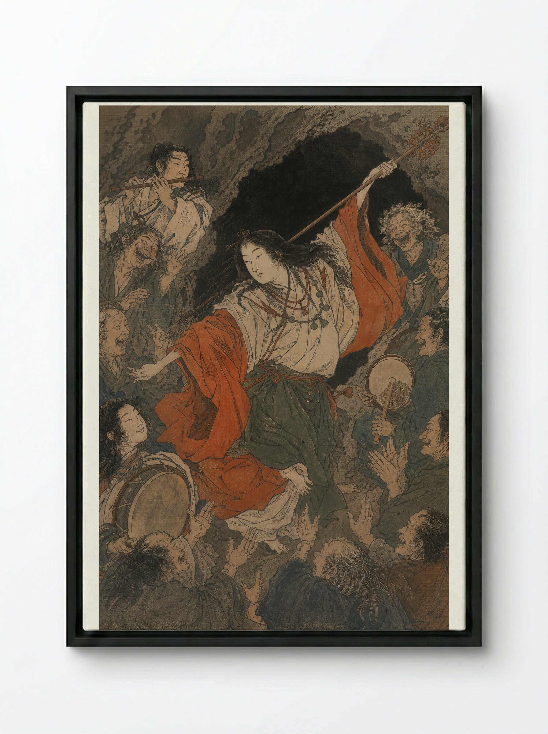 Amaterasu and the Rock-Cave: Uzume's Dance - Framed Canvas Black