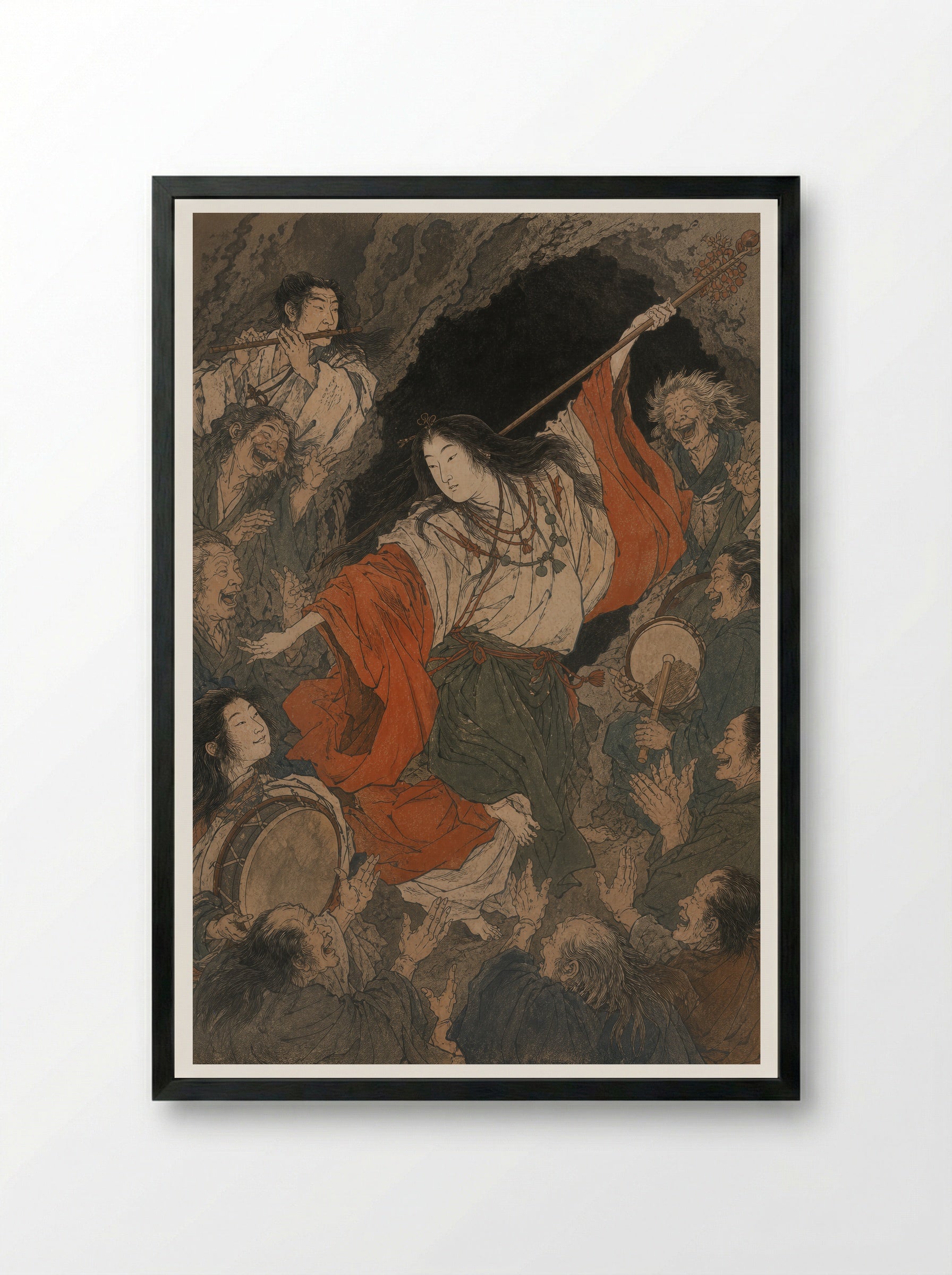Amaterasu and the Rock-Cave: Uzume's Dance - Framed Print Black