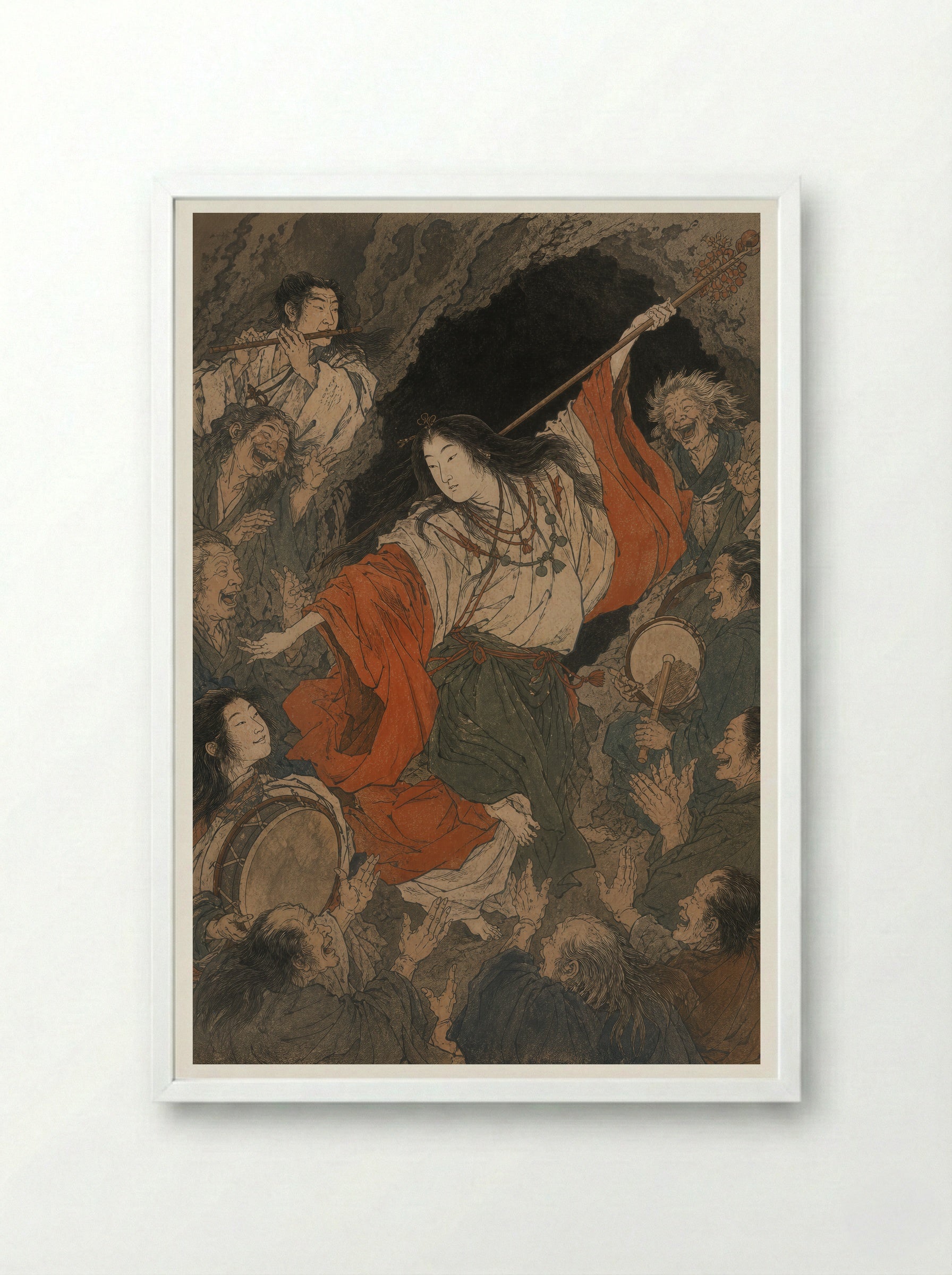 Amaterasu and the Rock-Cave: Uzume's Dance - Framed Print White
