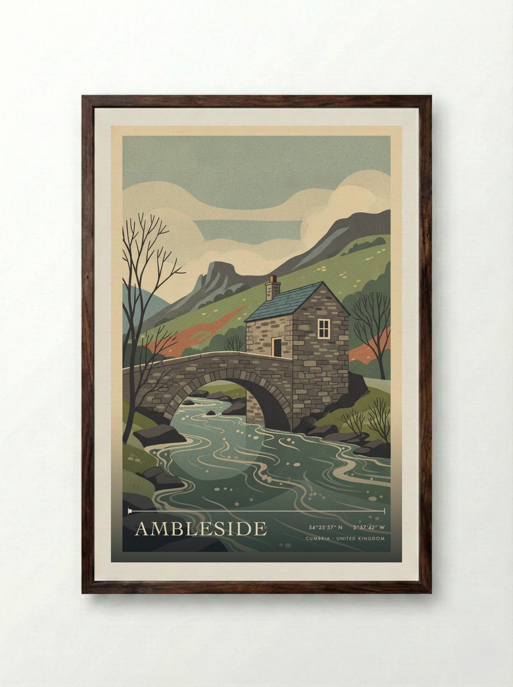 Ambleside Cumbria United Kingdom Travel Poster - Framed Print Dark Wood