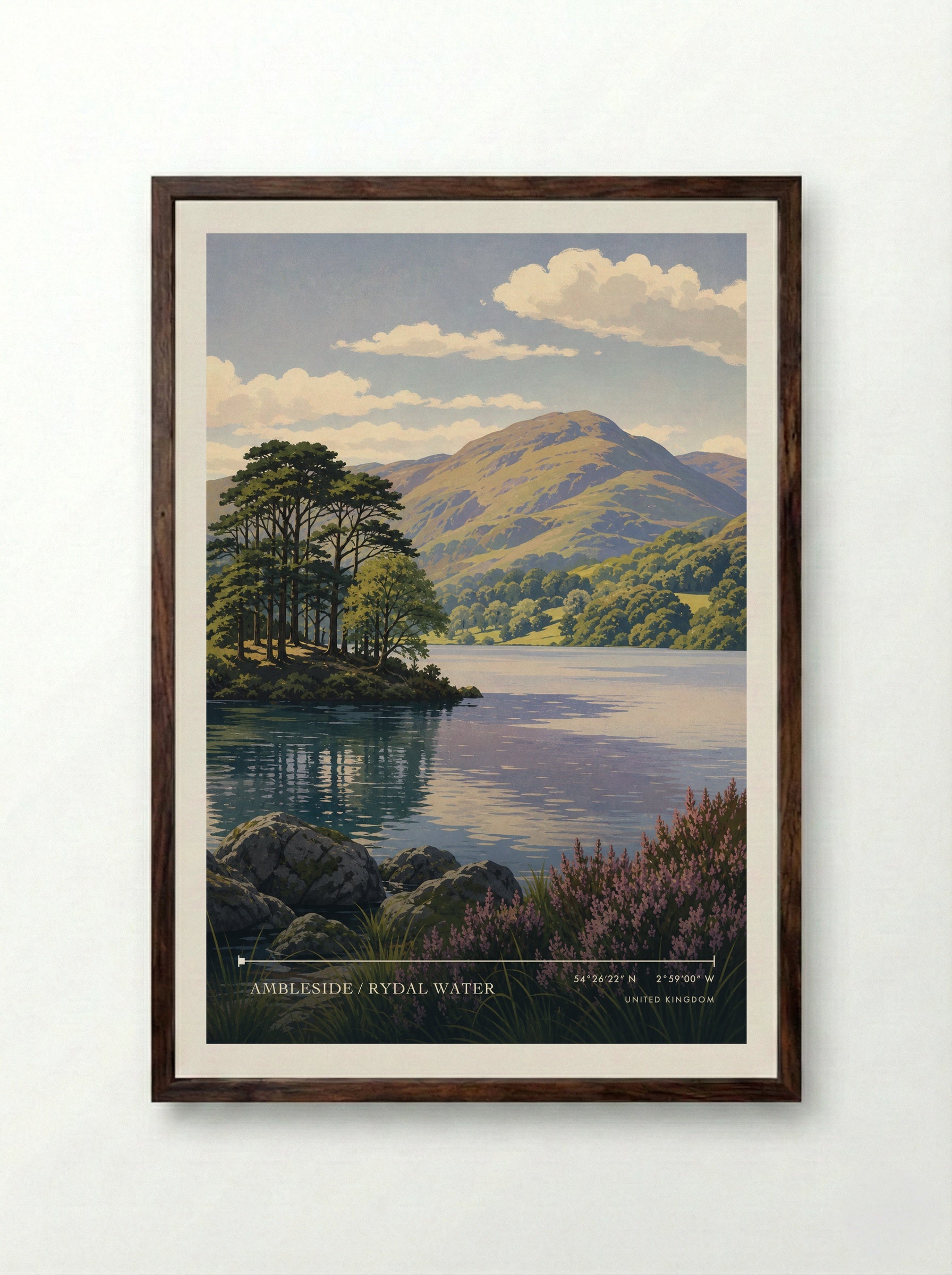Ambleside / Rydal Water United Kingdom Travel Poster - Framed Print Dark Wood
