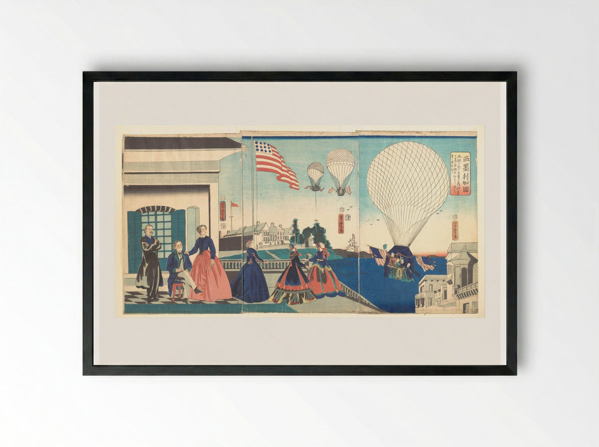 America: Enjoying Hot Air Balloons - Utagawa Yoshitora - Framed Print Black