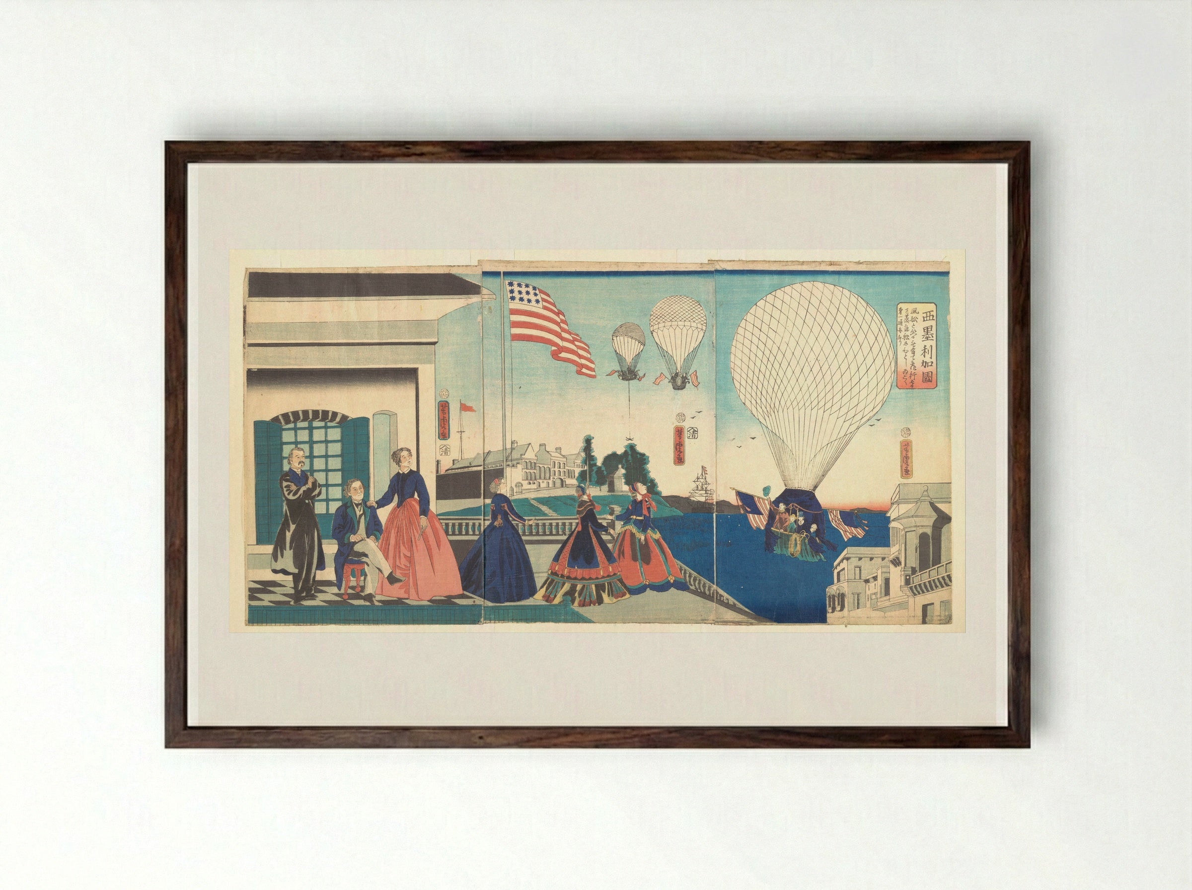 America: Enjoying Hot Air Balloons - Utagawa Yoshitora - Framed Print Dark Wood