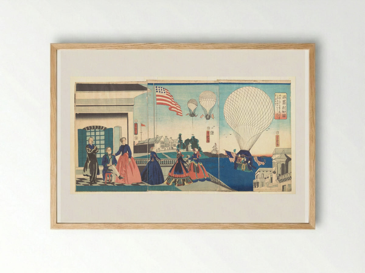 America: Enjoying Hot Air Balloons - Utagawa Yoshitora - Framed Print Wood