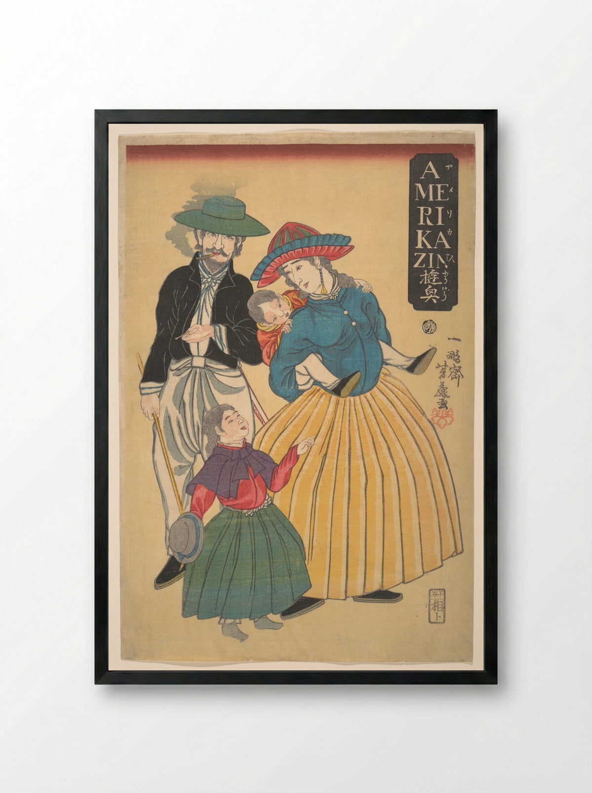 Americans on an Outing (Amerikajin yūgyō) - Ippōsai Yoshifuji - Framed Print Black