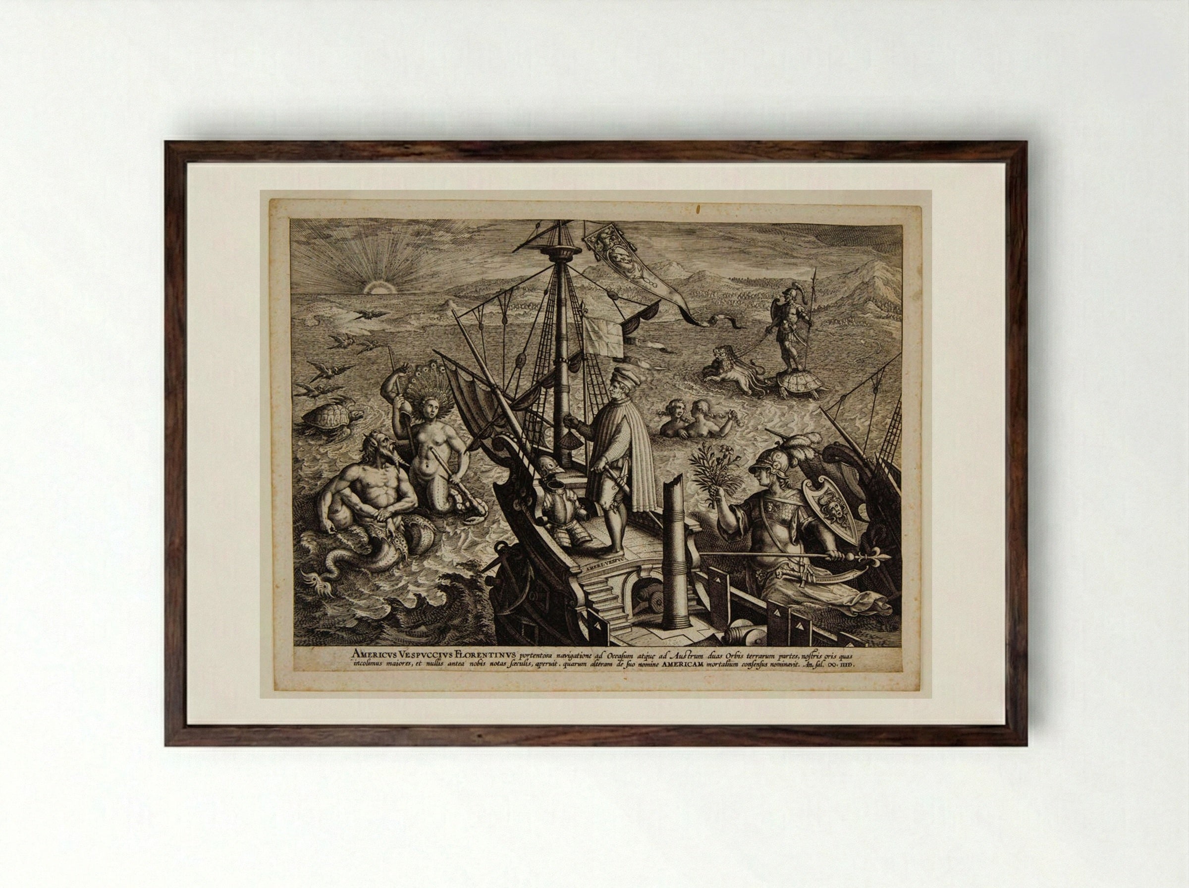 Amerigo Vespucci on His Ship - Adriaen Collaert - Framed Print Dark Wood