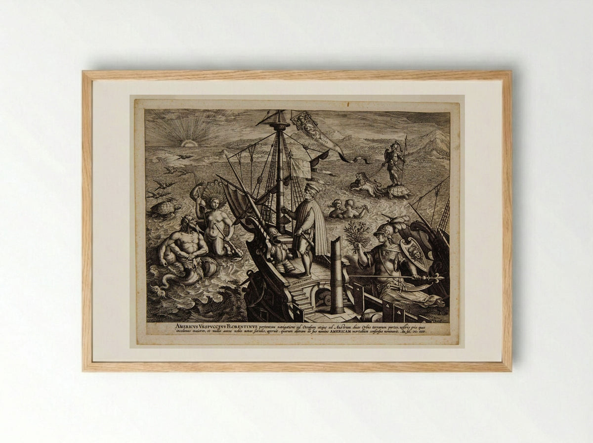 Amerigo Vespucci on His Ship - Adriaen Collaert - Framed Print Wood