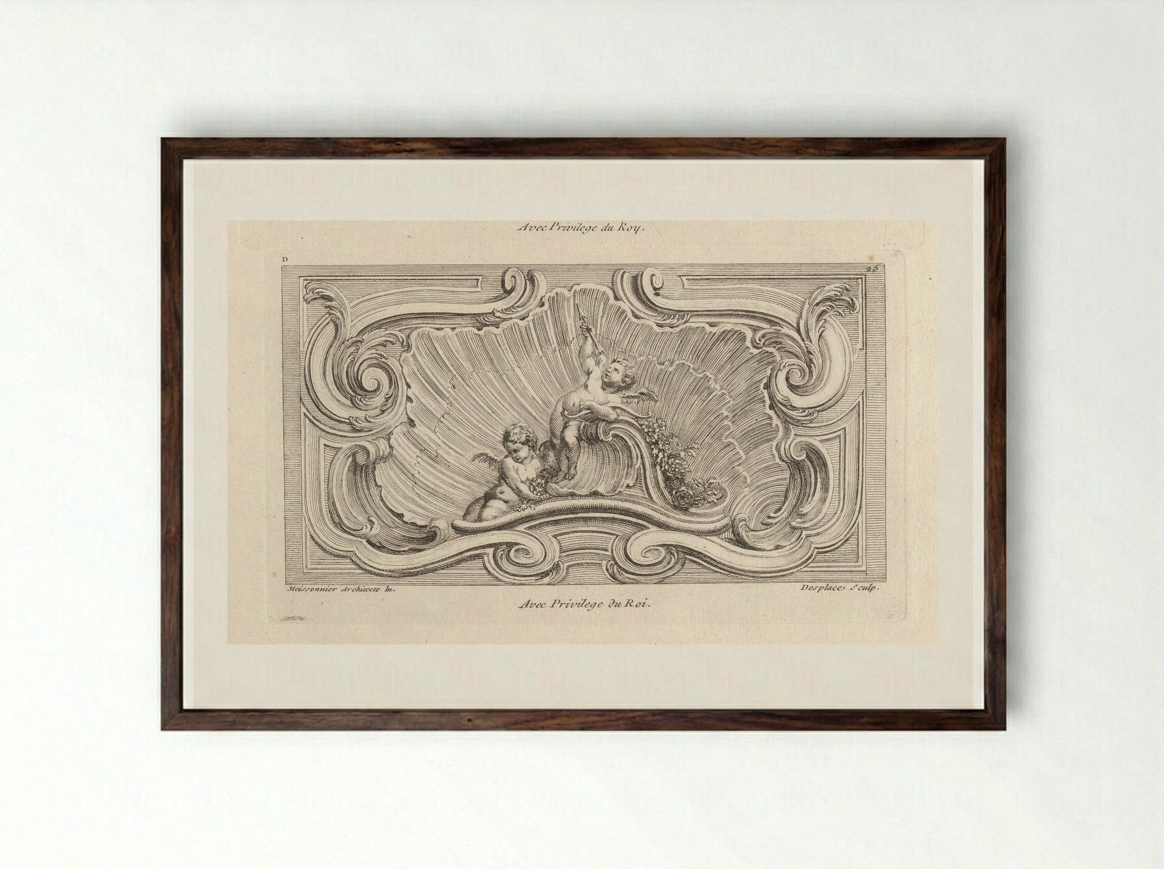 Amor met pijl en boog bij een zittende amor - Gabriel Huquier - Framed Print Dark Wood