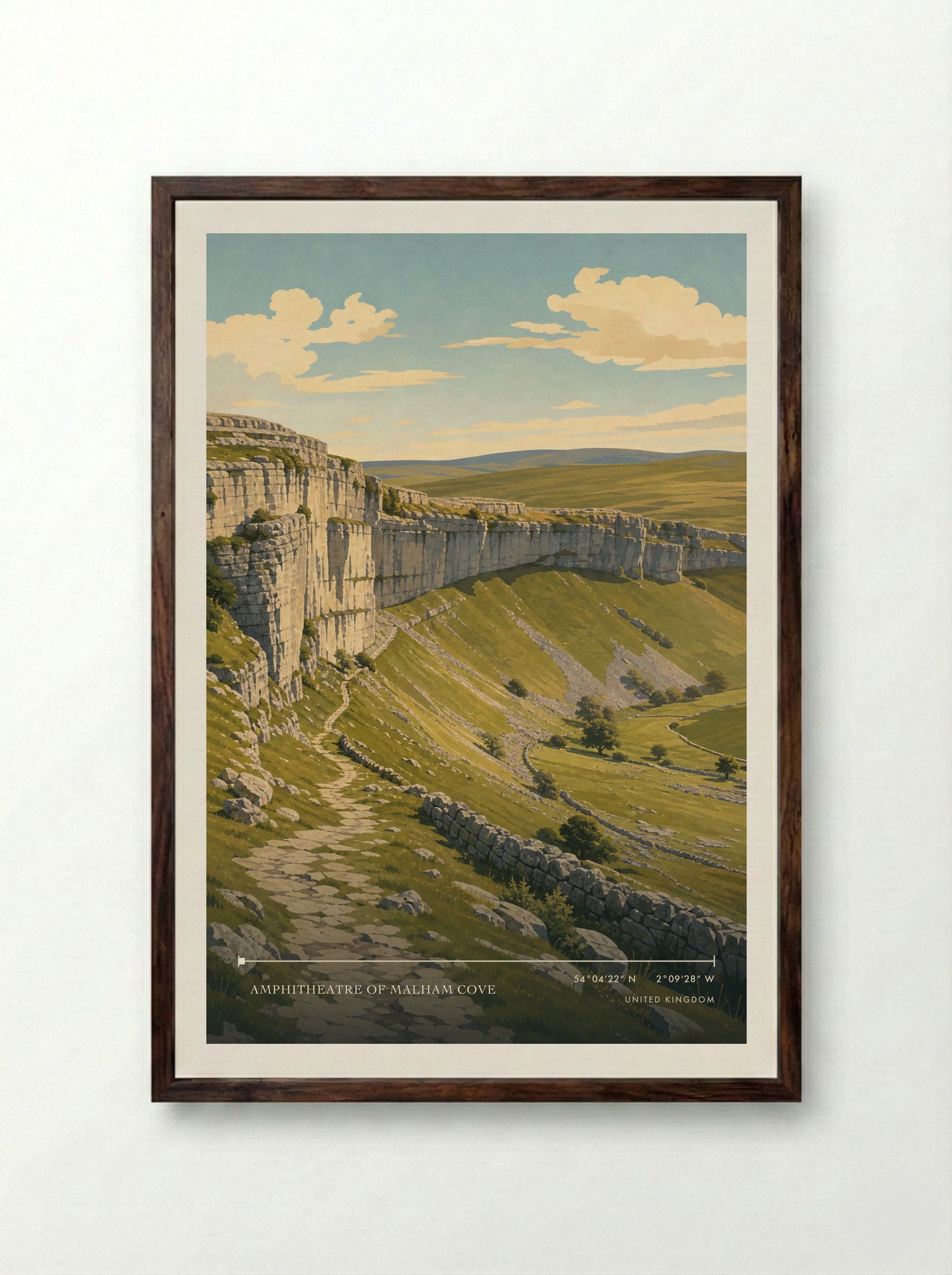 Amphitheatre of Malham Cove United Kingdom Travel Poster - Framed Print Dark Wood
