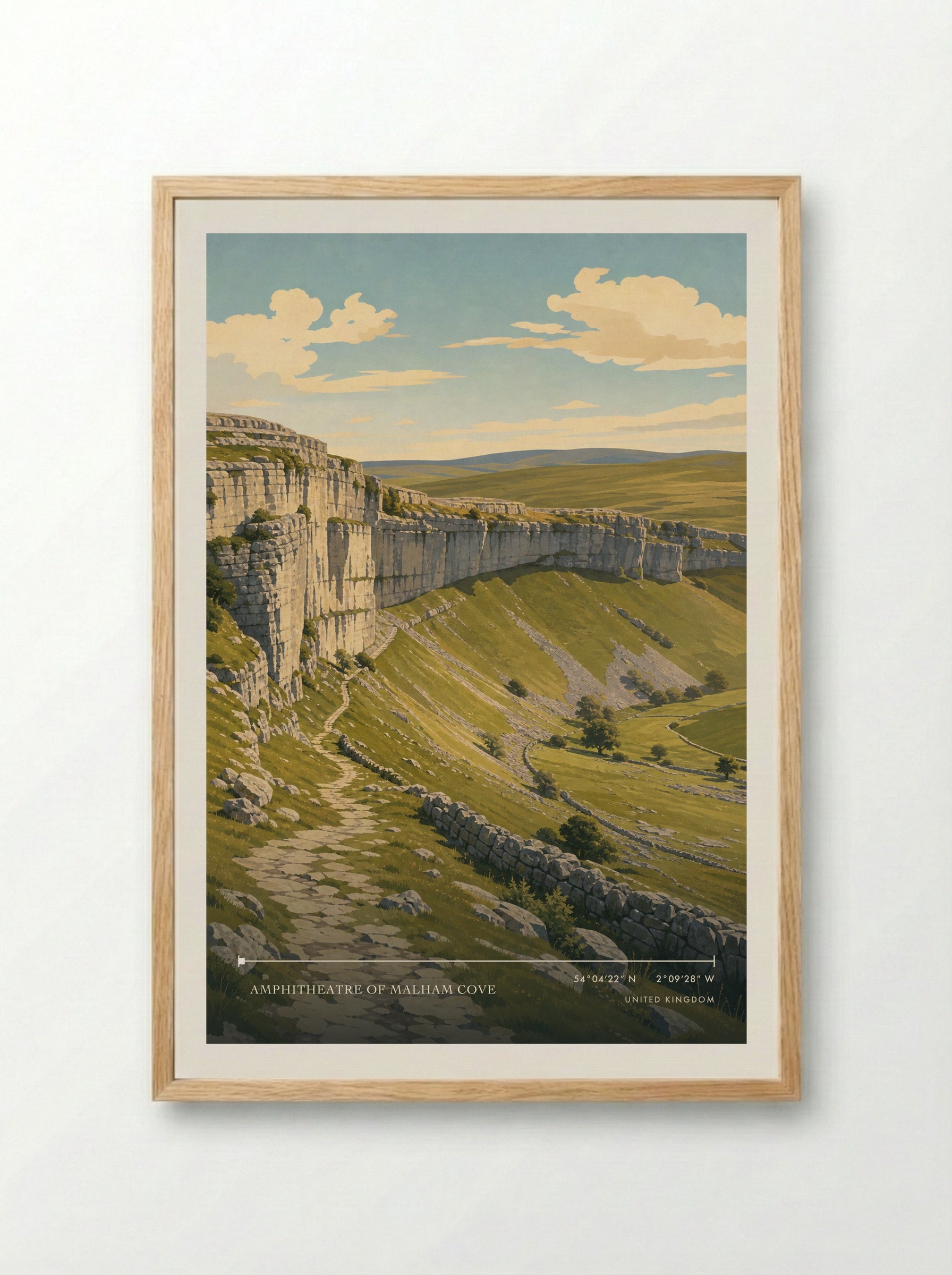 Amphitheatre of Malham Cove United Kingdom Travel Poster - Framed Print Wood