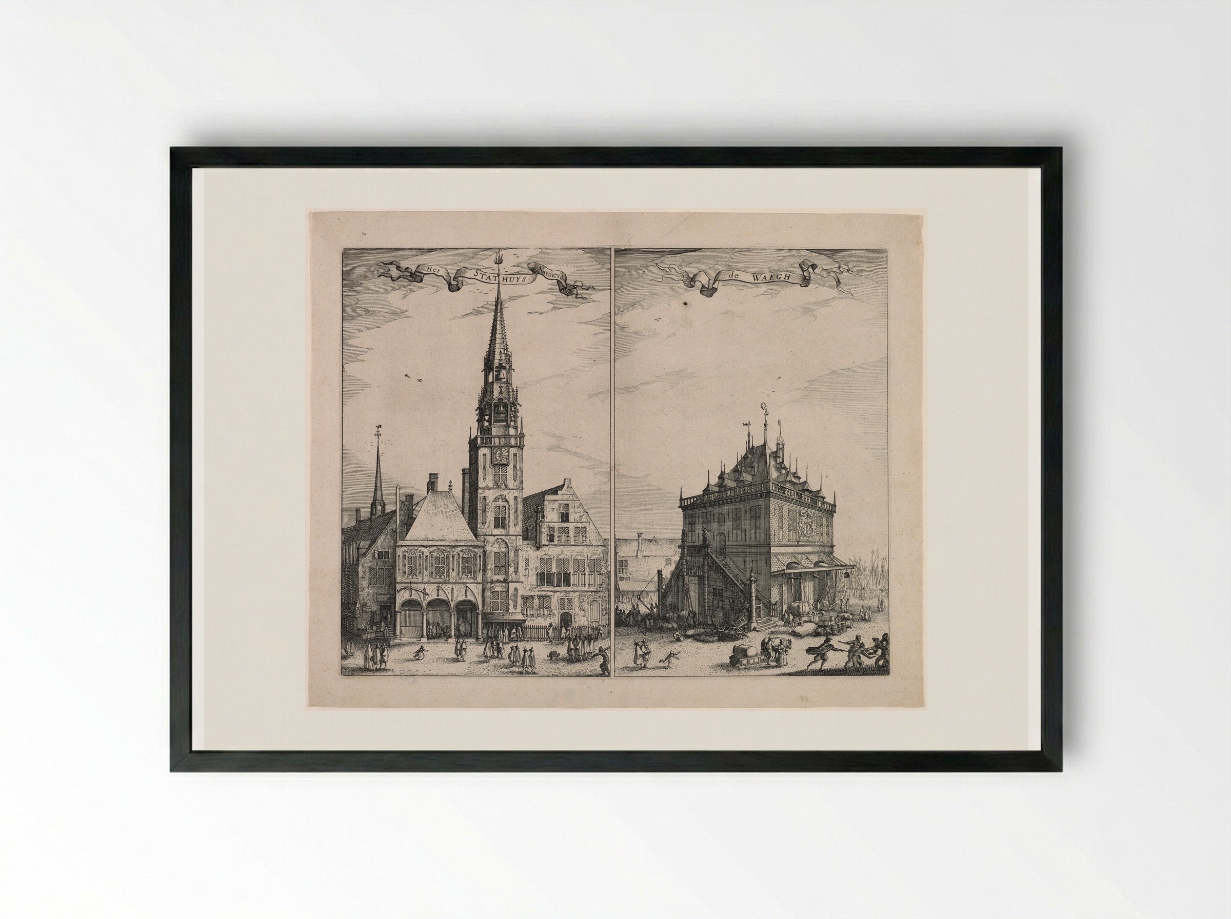 Amsterdam City Hall and the Weighing House - Claes Jansz. Visscher - Framed Print Black