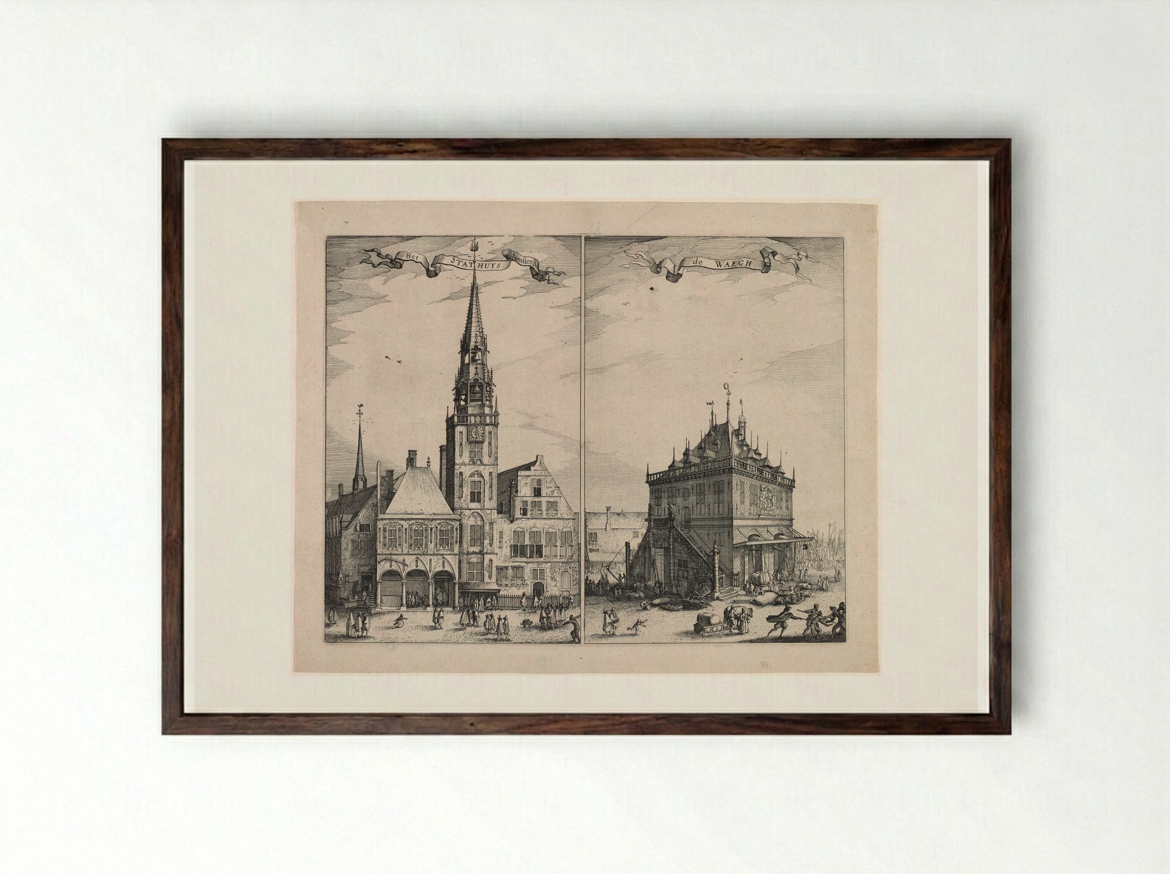 Amsterdam City Hall and the Weighing House - Claes Jansz. Visscher - Framed Print Dark Wood