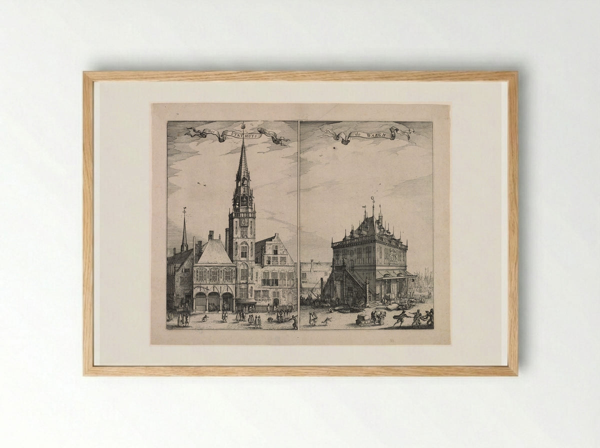 Amsterdam City Hall and the Weighing House - Claes Jansz. Visscher - Framed Print Wood