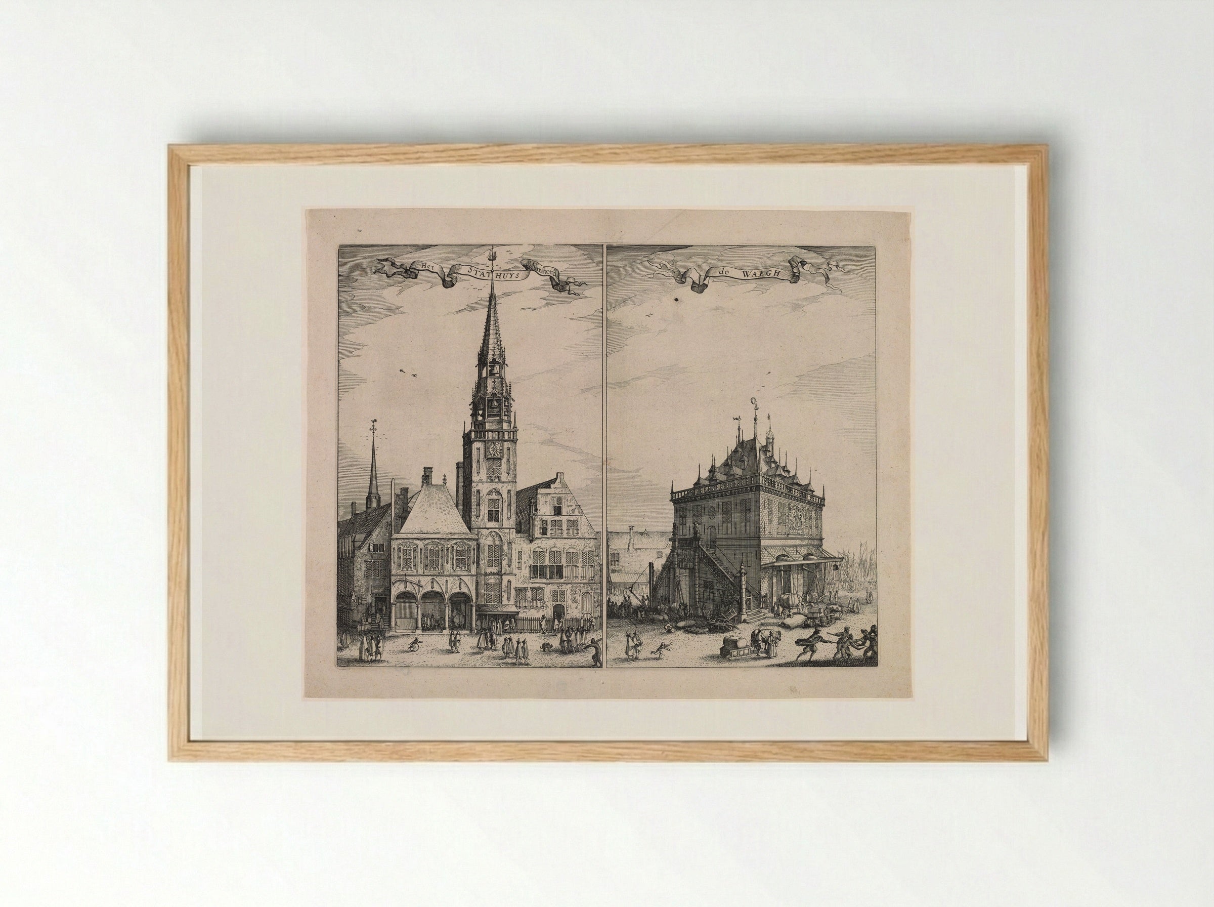 Amsterdam City Hall and the Weighing House - Claes Jansz. Visscher - Framed Print Wood