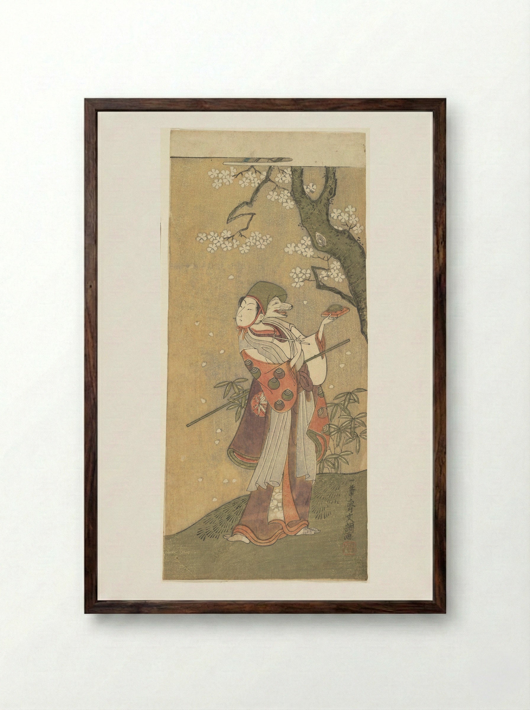 An Actor in the Fox Dance from the Drama, The Thousand Cherry Trees - Ippitsusai Bunchō - Framed Print Dark Wood