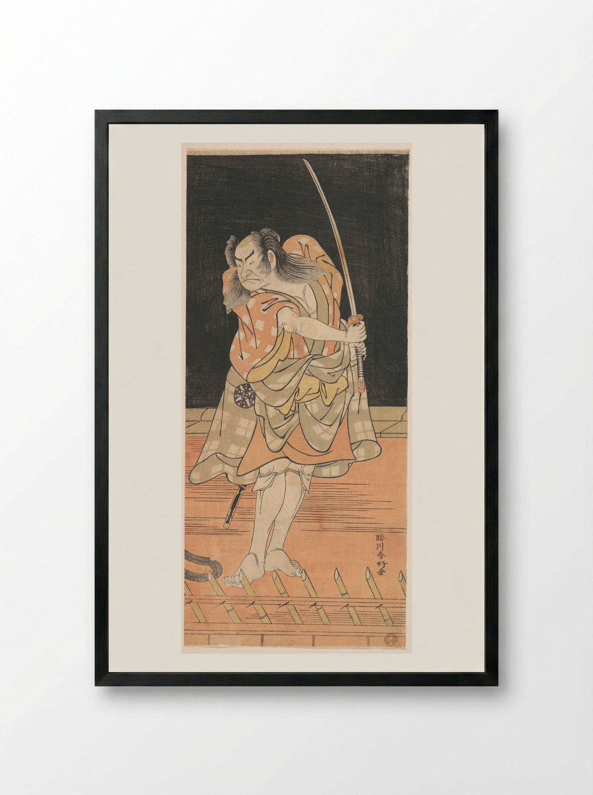 An Actor with a Sword Ready to Strike - Katsukawa Shunkō - Framed Print Black