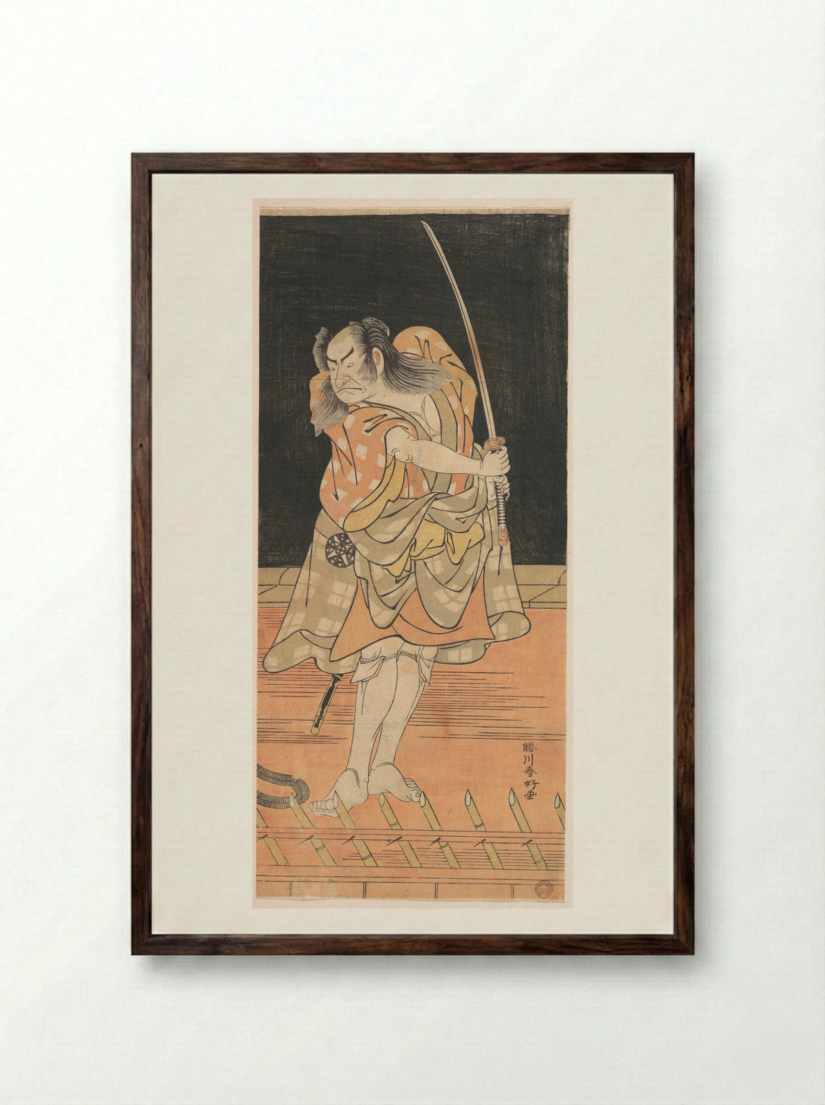 An Actor with a Sword Ready to Strike - Katsukawa Shunkō - Framed Print Dark Wood