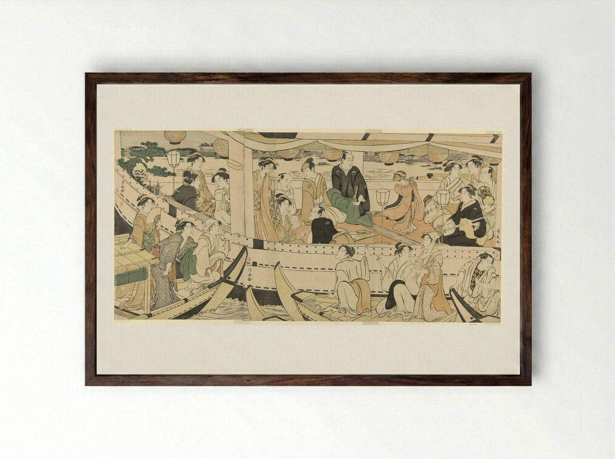 An Actors' Boating Party on the Sumida River - Torii Kiyonaga - Framed Print Dark Wood