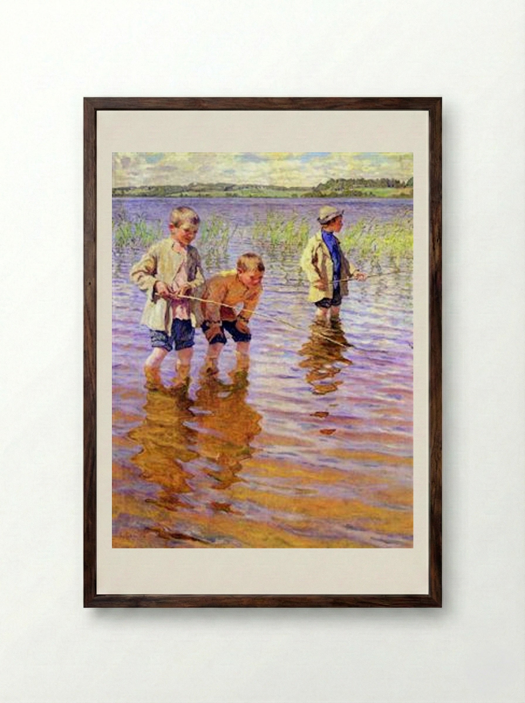 An Afternoon Fishing - Nikolay Bogdanov-Belsky - Framed Print Dark Wood