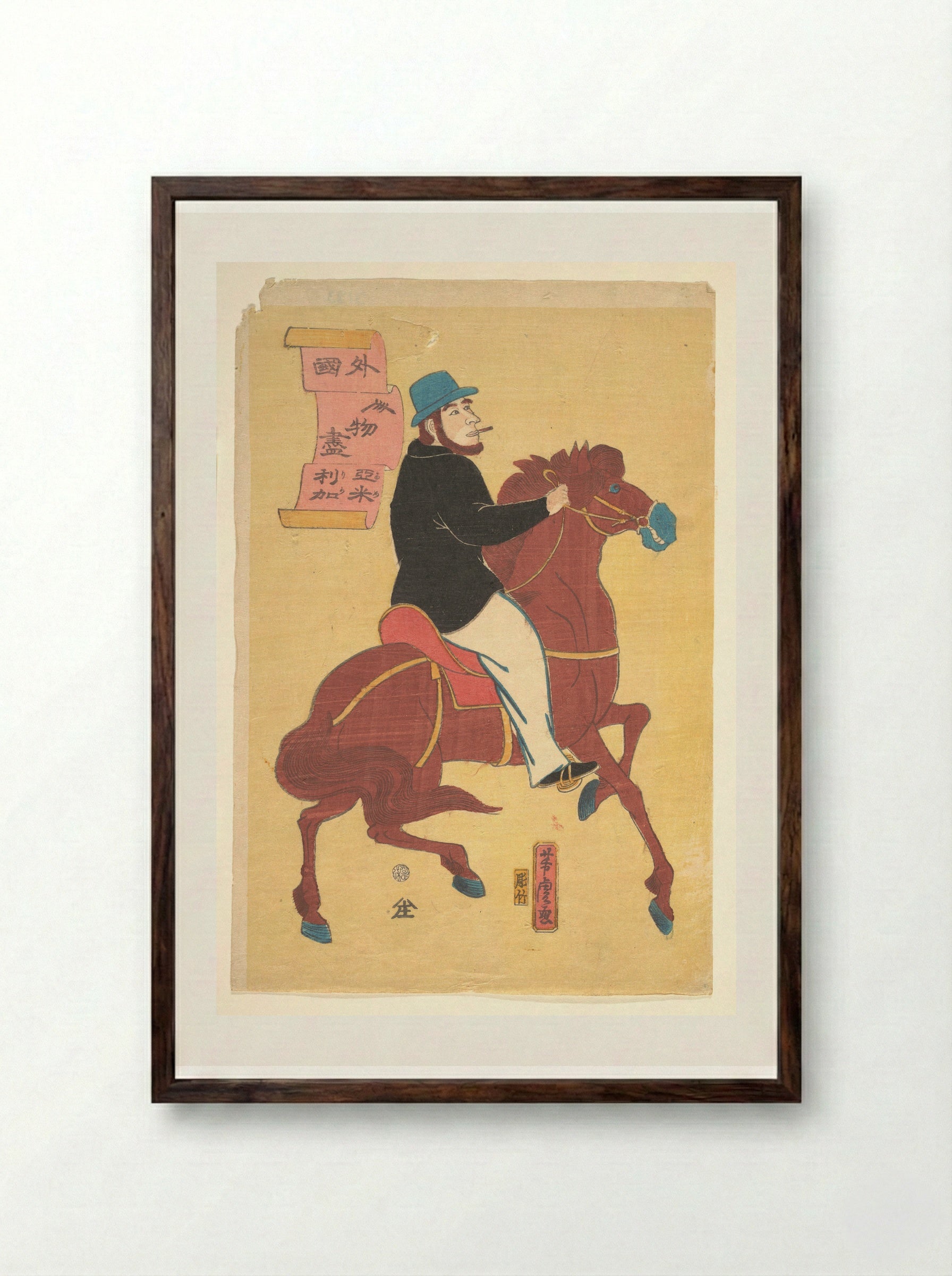 An American on Horseback - Utagawa Yoshitora - Framed Print Dark Wood