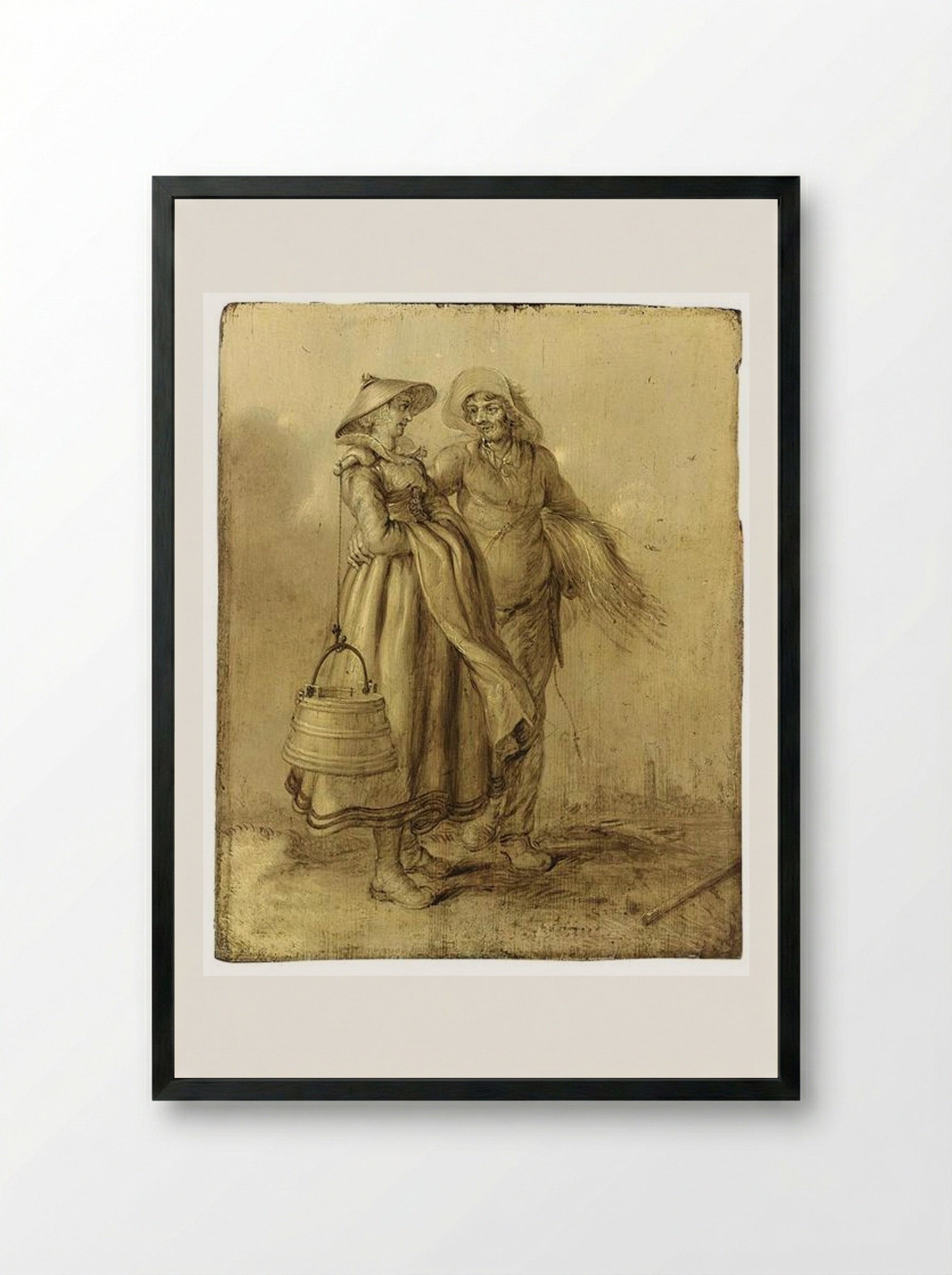 An Amorous Peasant Couple Conversing - Adriaen van de Venne - Framed Print Black